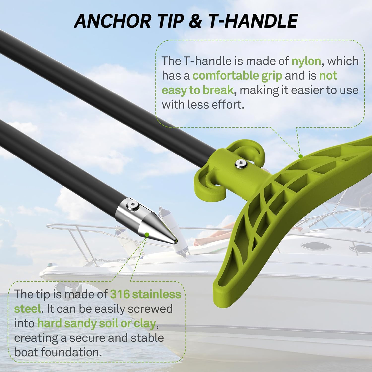 8.63ft/12.3ft Shallow Water Anchor Pole, Fiberglass Push Poles for Boat with T-Handle & 316 Stainless Tip, Corrosion-Resistant Sand Anchor for Beach Kayak, Gloves Included