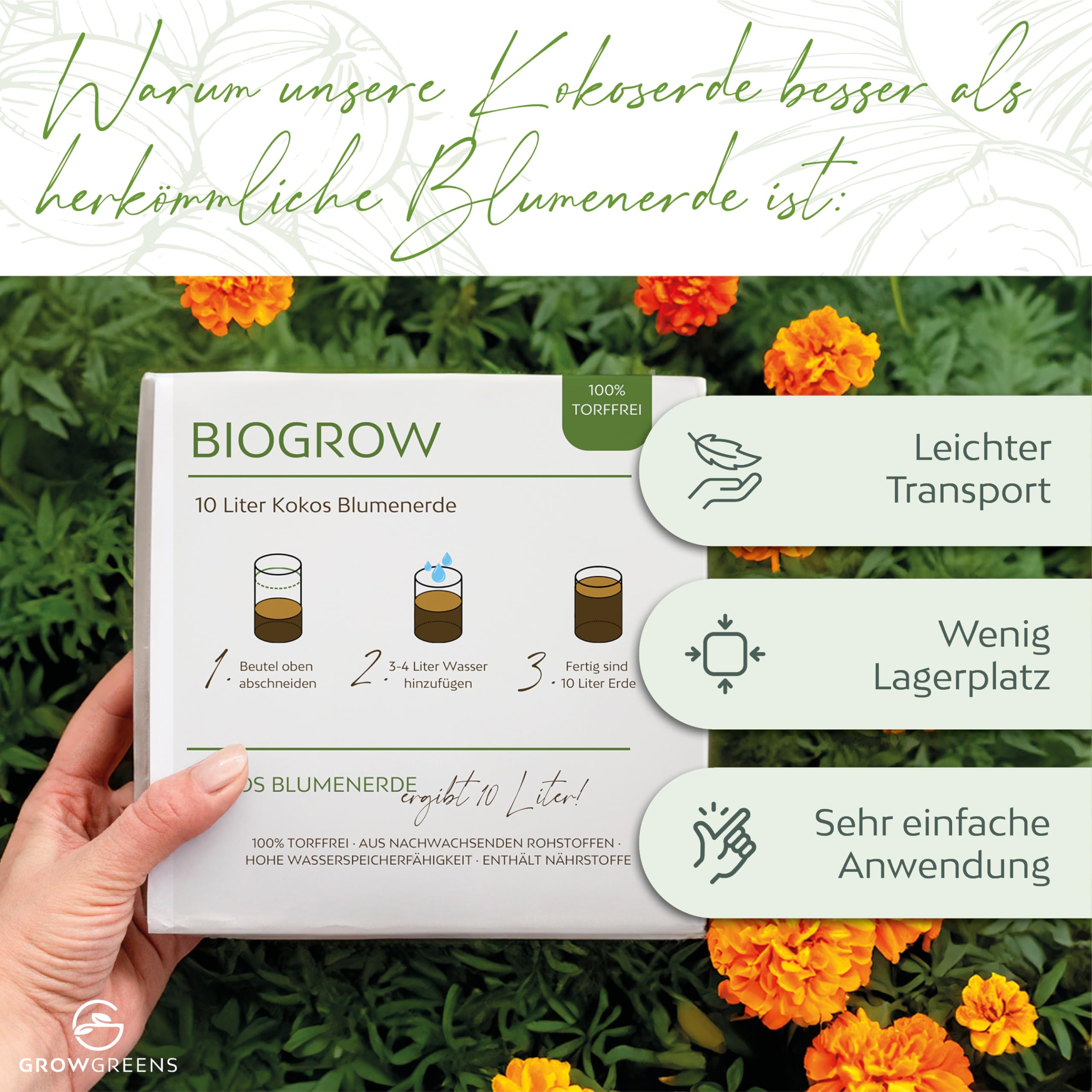 Bio Kokoserde gepresst im Quellbeutel - Biologisch abbaubare, torffreie Anzuchterde aus 100% Kokosfasern (10 Liter, 1 Stück)