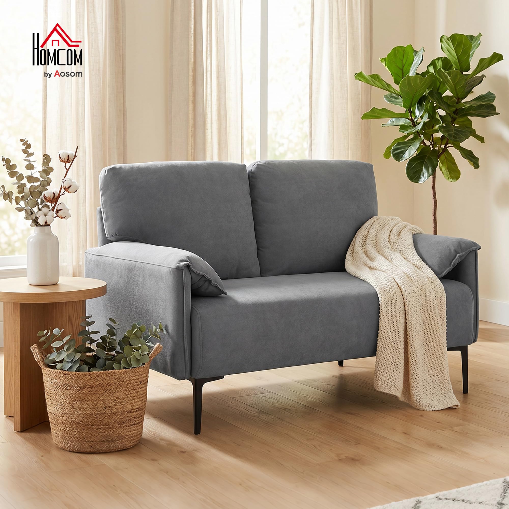 HOMCOM Sofa 2-Sitzer 127 cm Kleine Couch mit Gepolstert Armlehne Grau