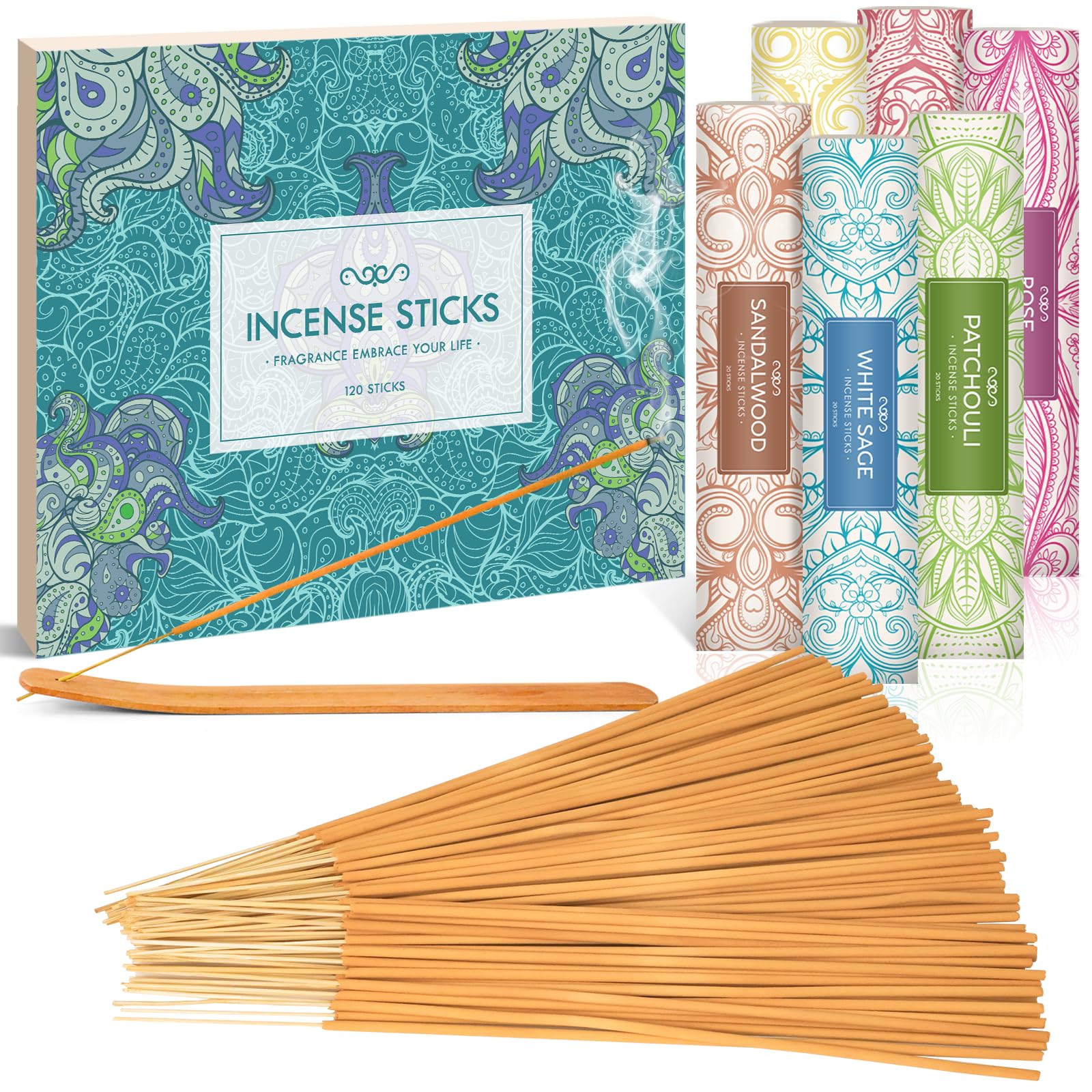SCENTORINI Set regalo 120 bastoncini incenso salvia cannella legno sandalo rosa patchouli franchincenso rilassamento yoga aromaterapia