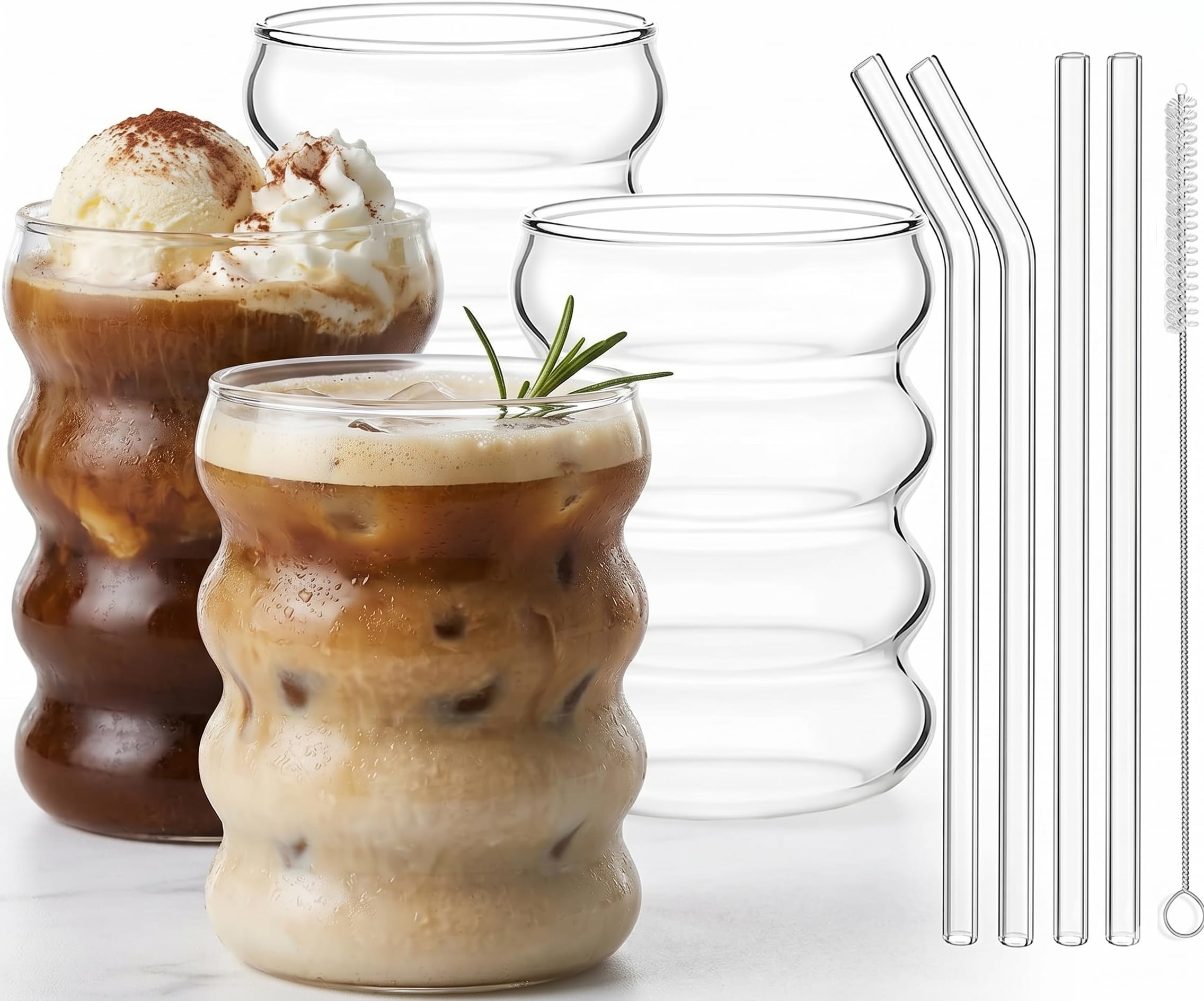 ALINK Kleine 350ml Gerippte Trinkgläser mit Glasstrohhalmen 4er Set, Kompakte Eiskaffeegläser, Wave Gläser Tumbler, Wassergläser, Longdrinkgläser, Trinkgläser, für Cocktail, Wasser, Soda, Geschenk