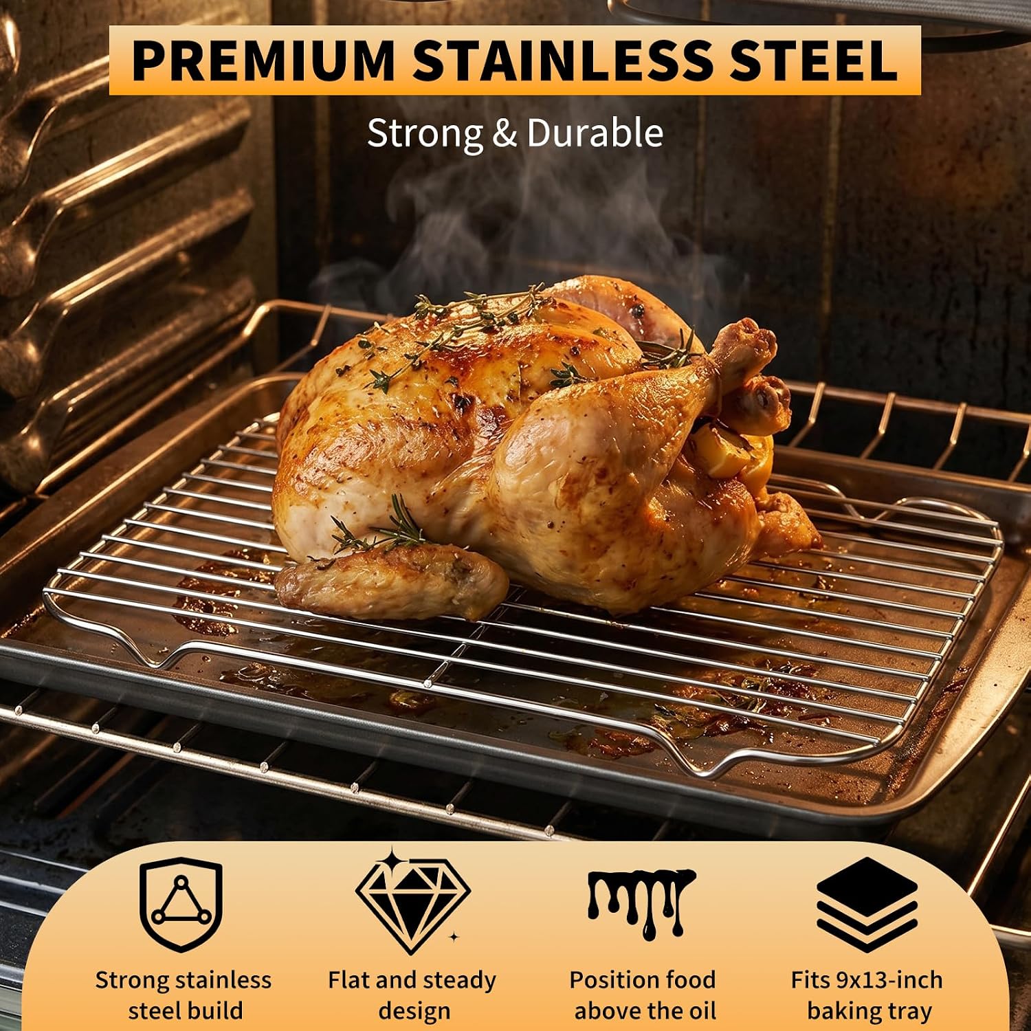 Roasting Pan Rack for 9x13 Inch Pans, Stainless Steel Insert with Raised Feet, Wire Cooling Rack for Toaster Oven, Metal Bacon Cookie Trays Nonstick Rust Free, Easy to Clean, Strong Reliable