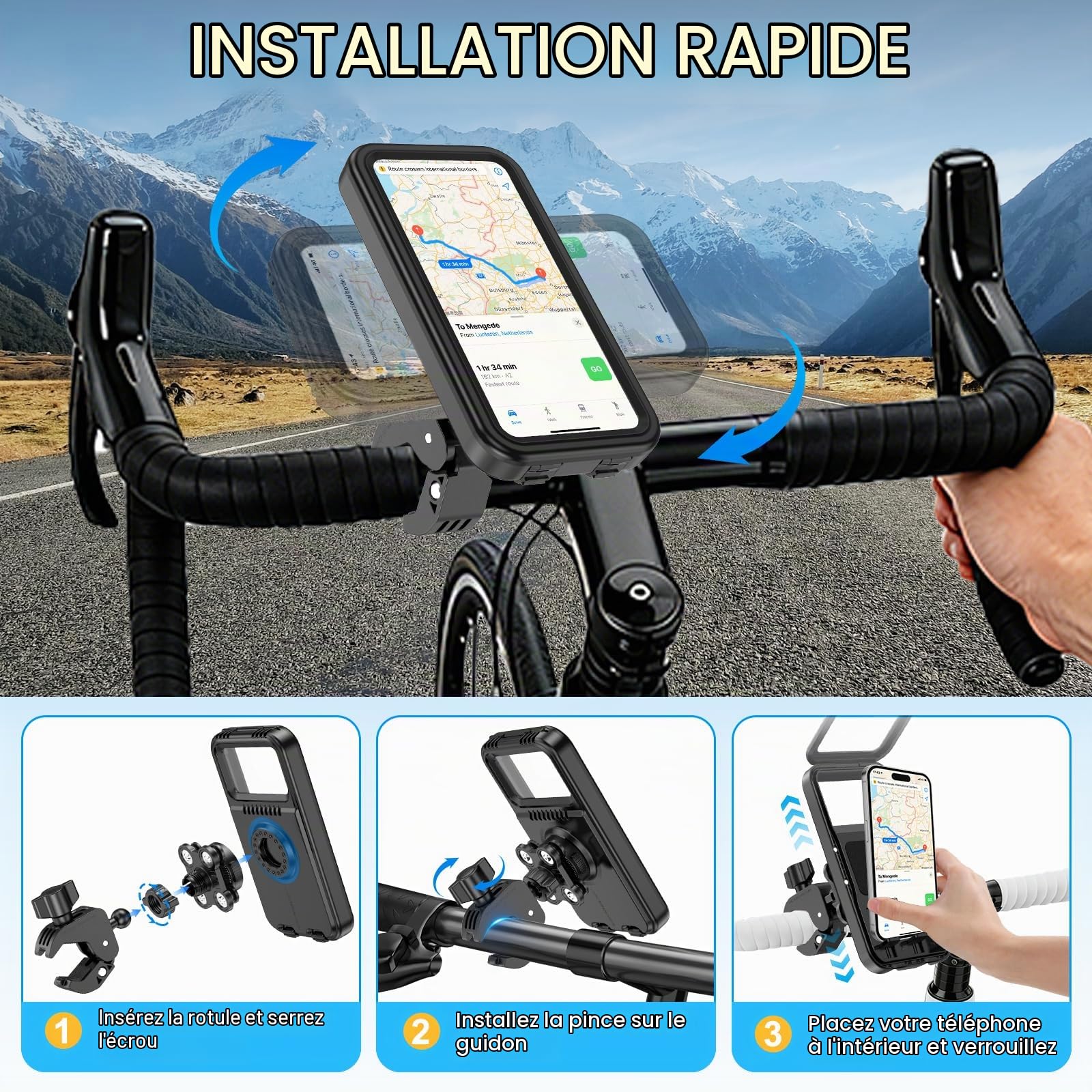 Support Téléphone Moto Scooter Antivibration Étanche IPX5 Porte Telephone Velo Moto Universel Rotation 360° Support de Téléphone pour Guidon 17-42mm, pour iPhone Huawei 4,0-7,0" Smartphones