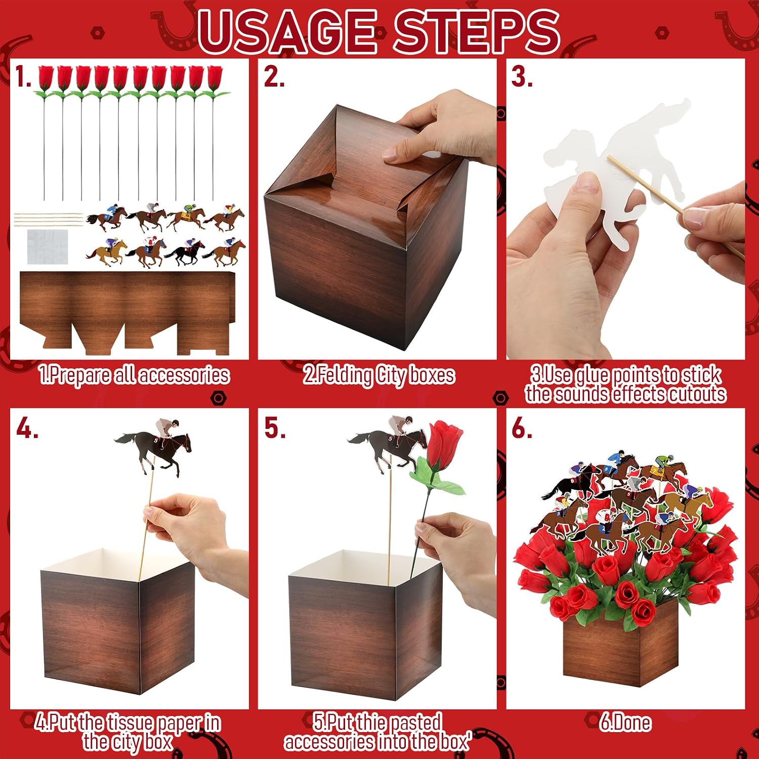 6 Set Horse Racing Rose Derby Party Table Centerpiece Decorations Include Cassette Tape Bucket Centerpiece Sticks Table Toppers Photo Booth Props with Paper Decor for Party