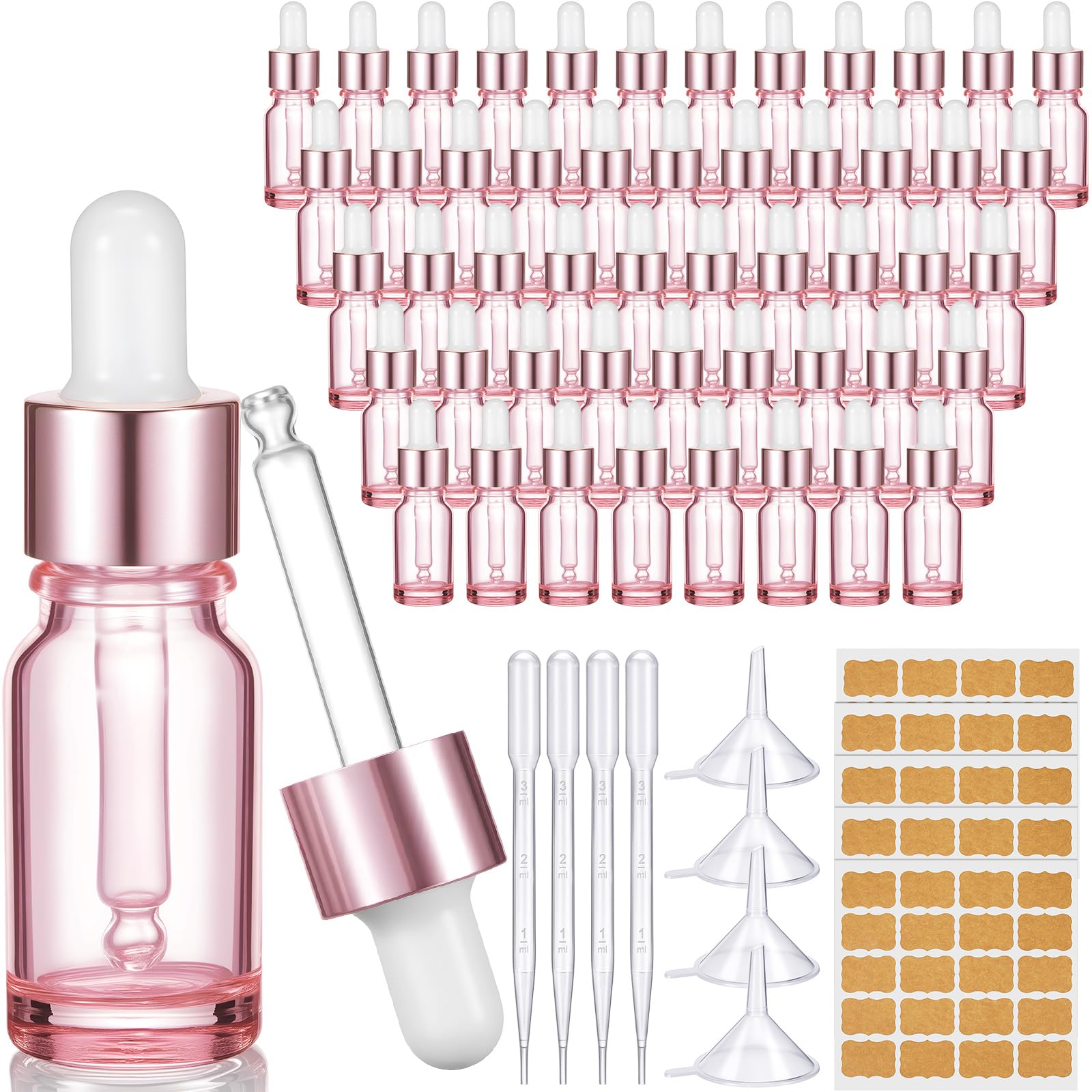 Lallisa 48 Pack Essential Oil Dropper Bottle 10 ml (1/3 Oz) Glass Dropper Bottles DIY for DIY Essential Oil Perfume with Funnels Pipettes Labels for Bathrooms, Hotels, Labs (Pink)
