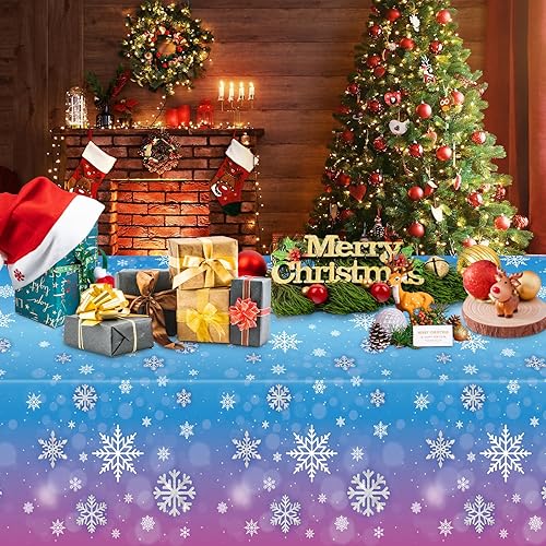 Miniatura 7 de 3 manteles de invierno con copos de nieve – Mantel de plástico de Frozen Wonderland desechable, rectangular, copos de nieve para suministros de