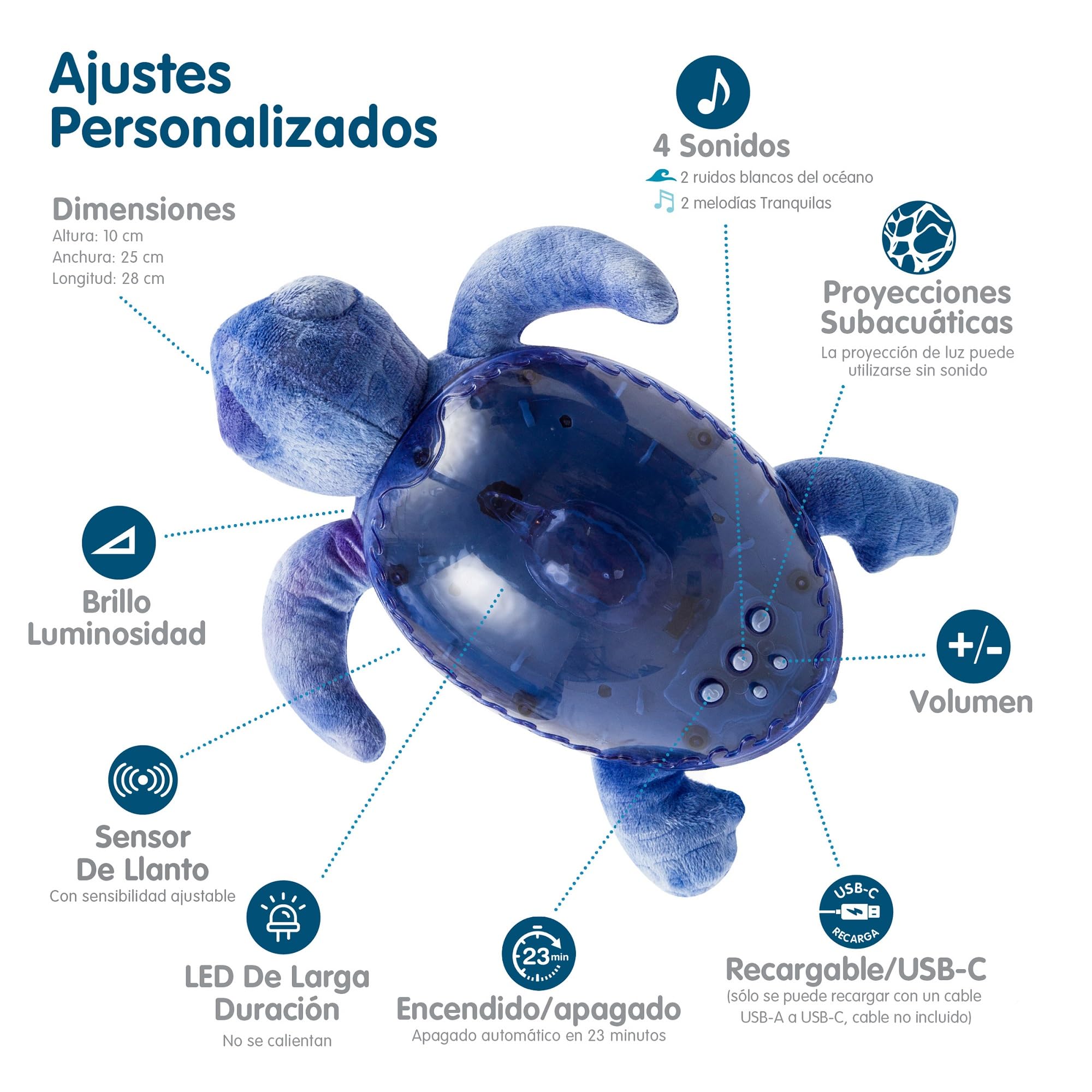 Cloud B Nightlight Musical Tranquil Turtle™ Recargable Ocean | Proyecciones submarinas | 4 sonidos relajantes | Brillo ajustable| Temporizador | Detector de llanto | Tejido reciclado