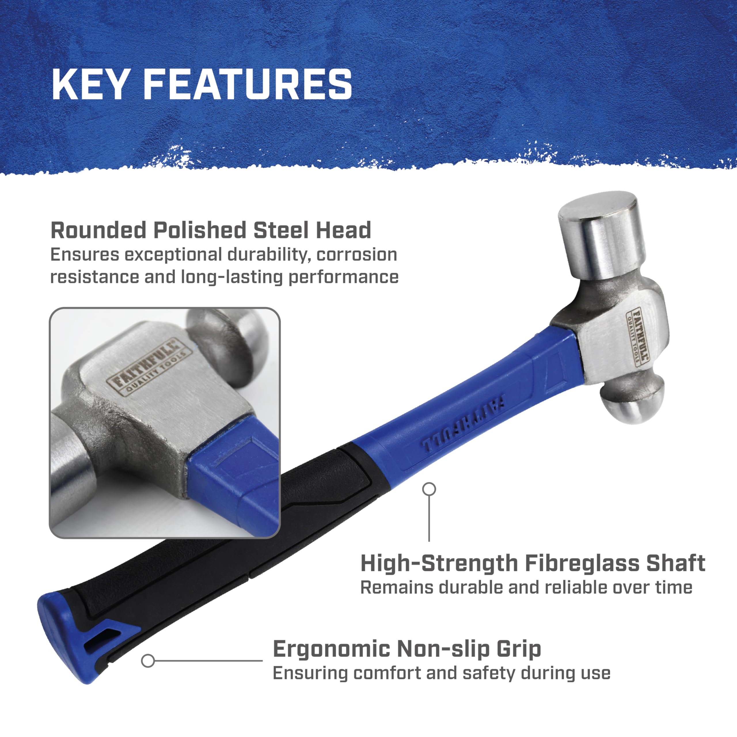 Faithfull Marteau à panne sphérique 1,36 kg – Manche en fibre de verre haute résistance avec tête en acier poli et poignée ergonomique antidérapante pour le travail des métaux, l'ingénierie, les