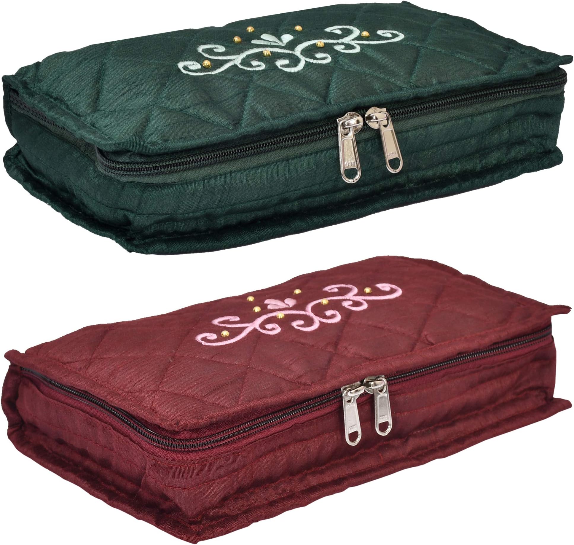 Kuber IndustriesEmbroidery Design 2 Pieces Satin Jewellery Pouch Cum Makeup Kit (Maroon & Green) (KUBMART02525)