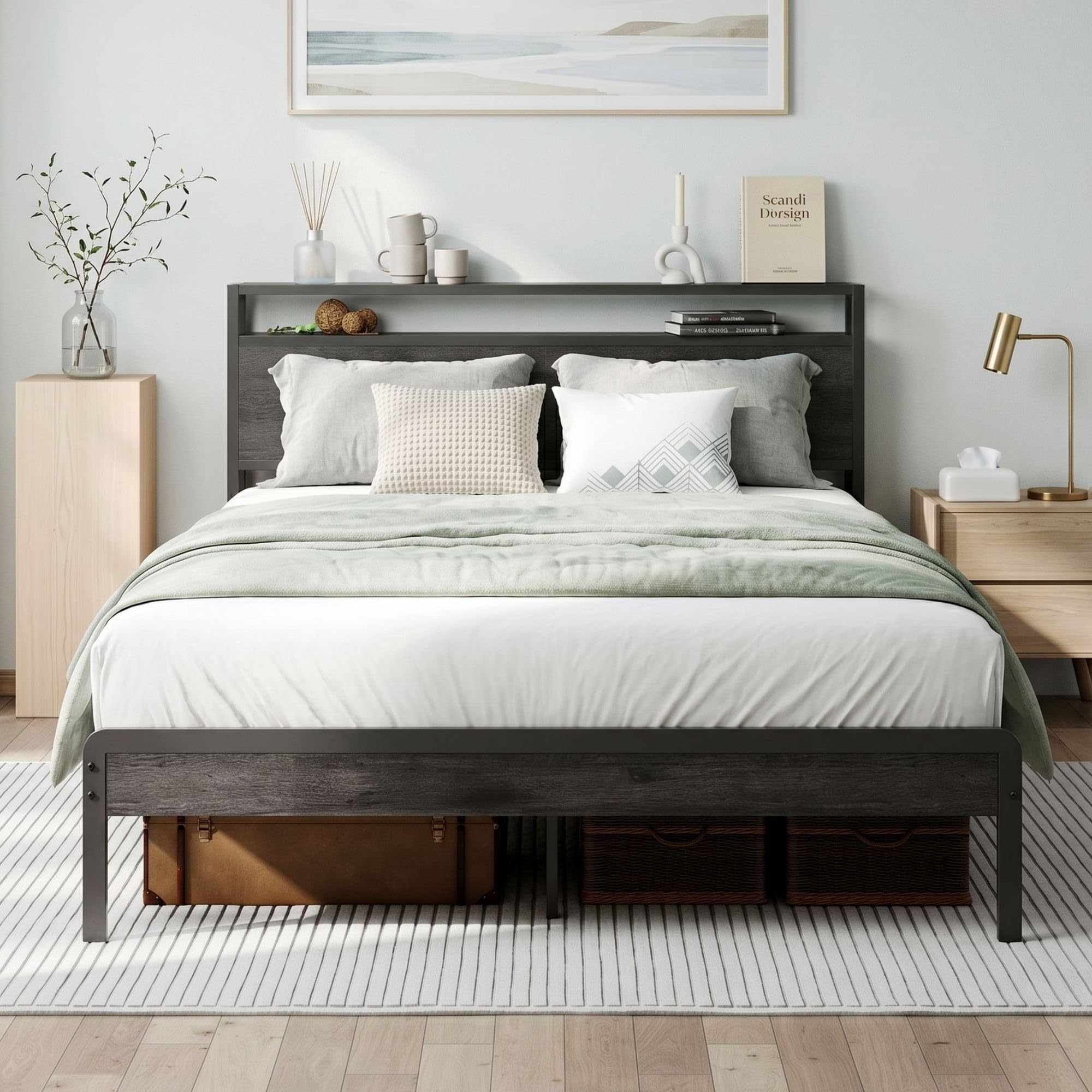 LIKIMIO Full Size Bed Frame with 2-Tier Storage Shelf Headboard
