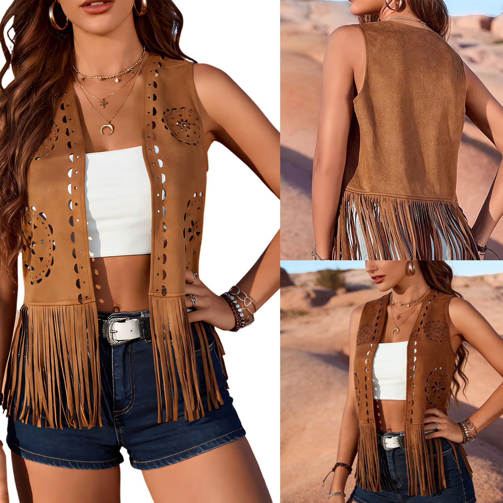 Donne ' s Moda Frange Vest Design Traspirante Retro Hippie Outwear Senza Maniche per Abiti Quotidiani Damen Fransenweste Gilet