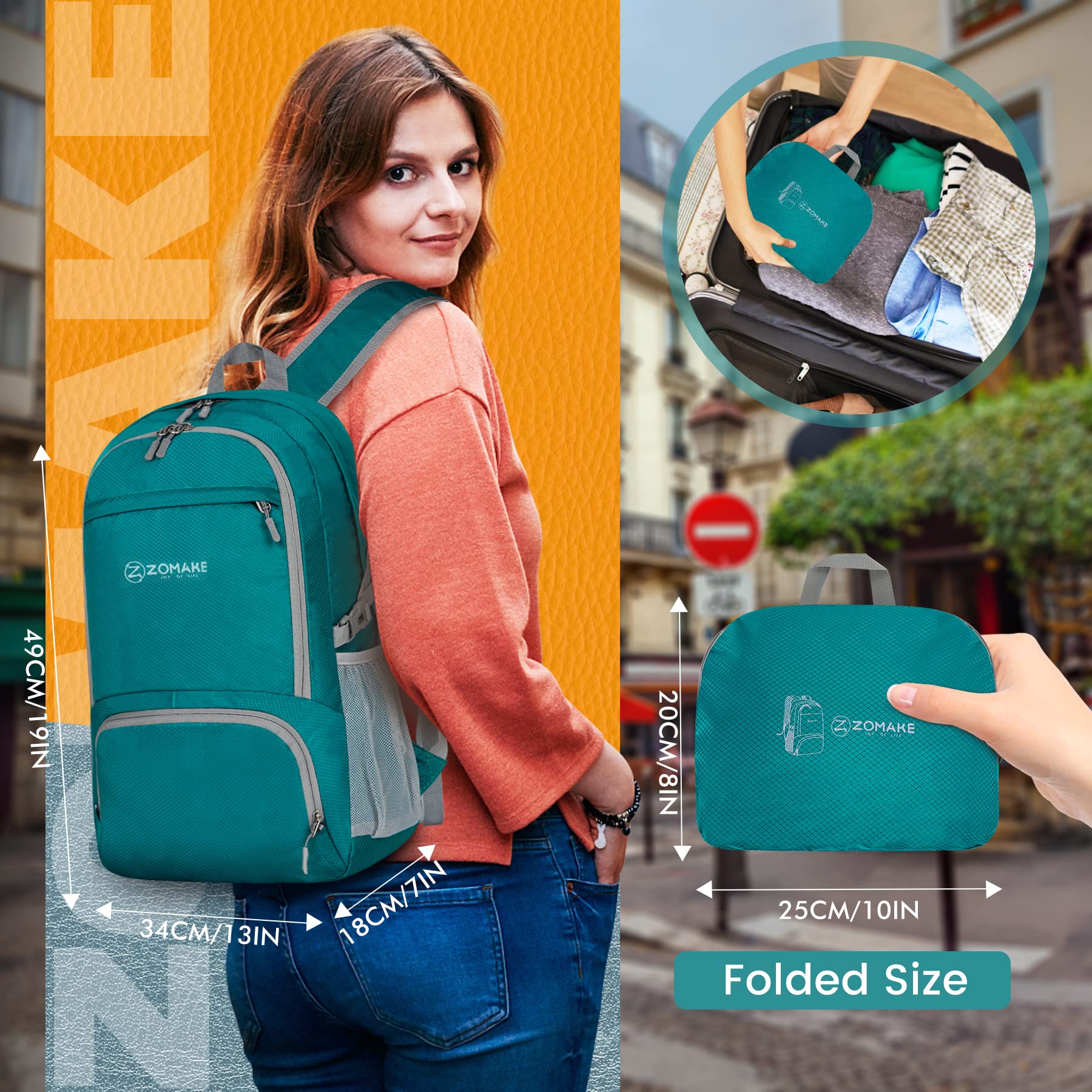 Mochila plegable ligera de 30 L, mochila de senderismo plegable resistente al agua, compacta mochila plegable para viajes (verde lago) 2