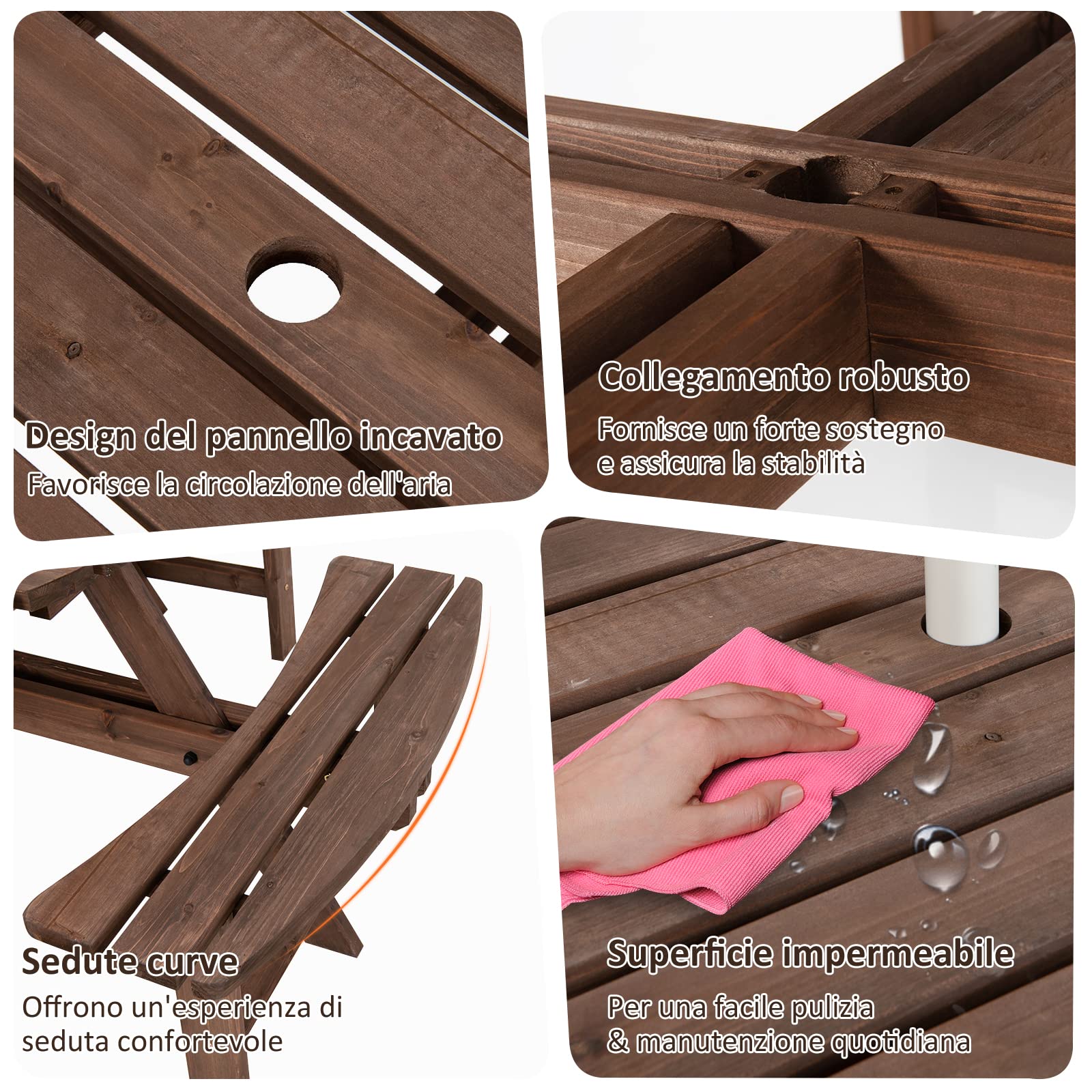 COSTWAY Set Tavolo da Giardino con 4 Panche Integrate, Legno Massiccio, con Foro Ombrellone, per 4-8 Persone, Tavolo Rotondo da Picnic per Esterno, Ogni Panca Porta 225 kg (Marrone, 178 x 178 x 70 cm)