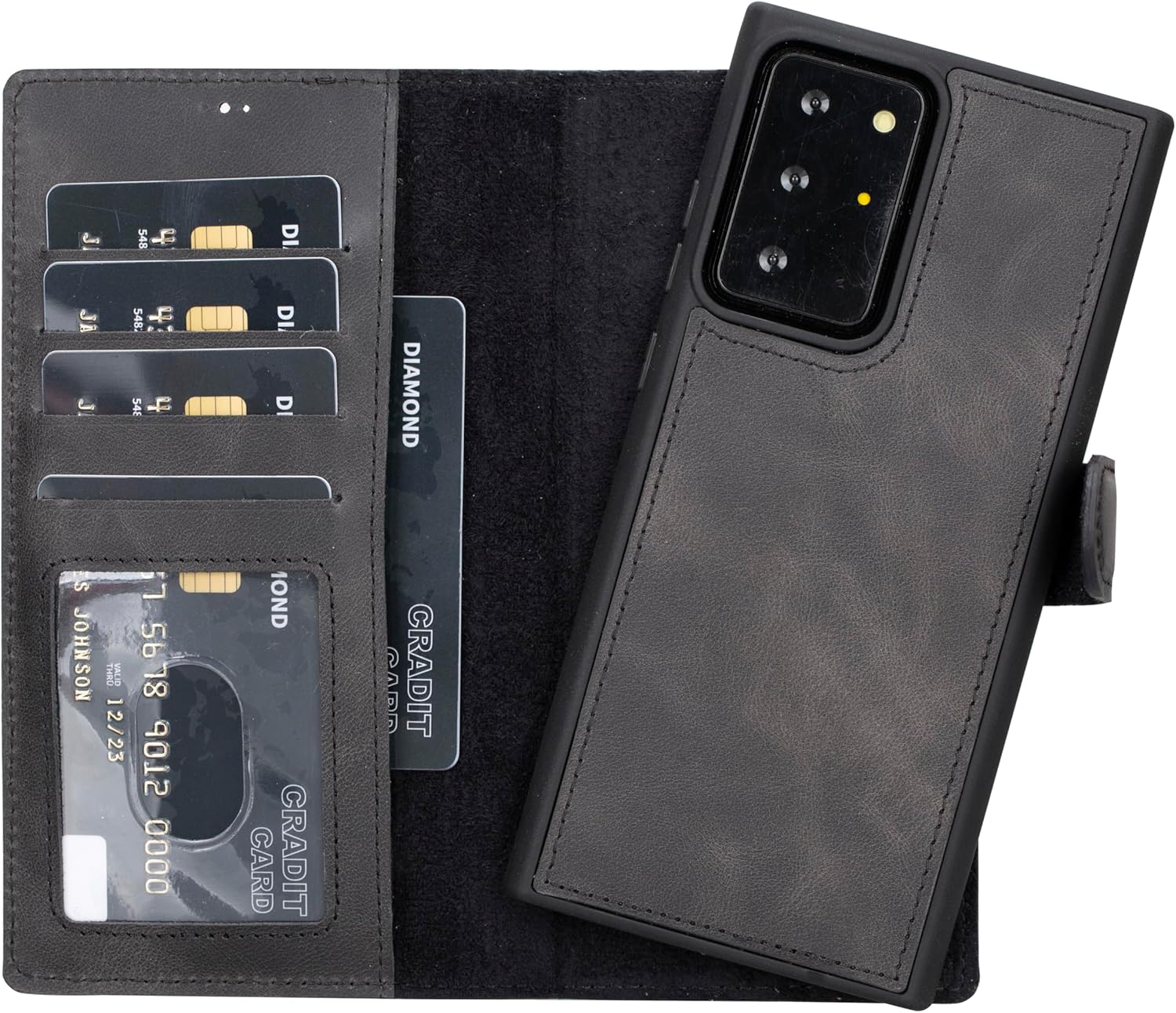 HARDISTON Compatible with Samsung Note 20 Ultra Wallet Case, Handmade Leather Detachable Magnetic Flip Cover Card Holders Customizable Horizontal Kickstand Wireless Charging Phone Case (Black)