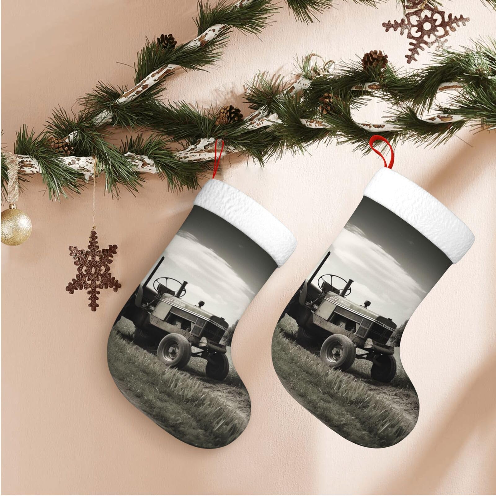 17.7" Christmas Stocking 1 Piece, Tractor Agriculture Tranquil Xmas Stockings with White Plush Cuff Fireplace Hanging Stocking for Christmas Holiday Party Decoration