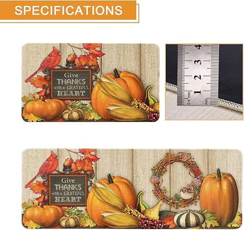 Miniatura 2 de Juego de 2 alfombras y tapetes de cocina con diseño de calabaza otoñal, dar gracias con un corazón agradecido, tapetes de cocina lavables de