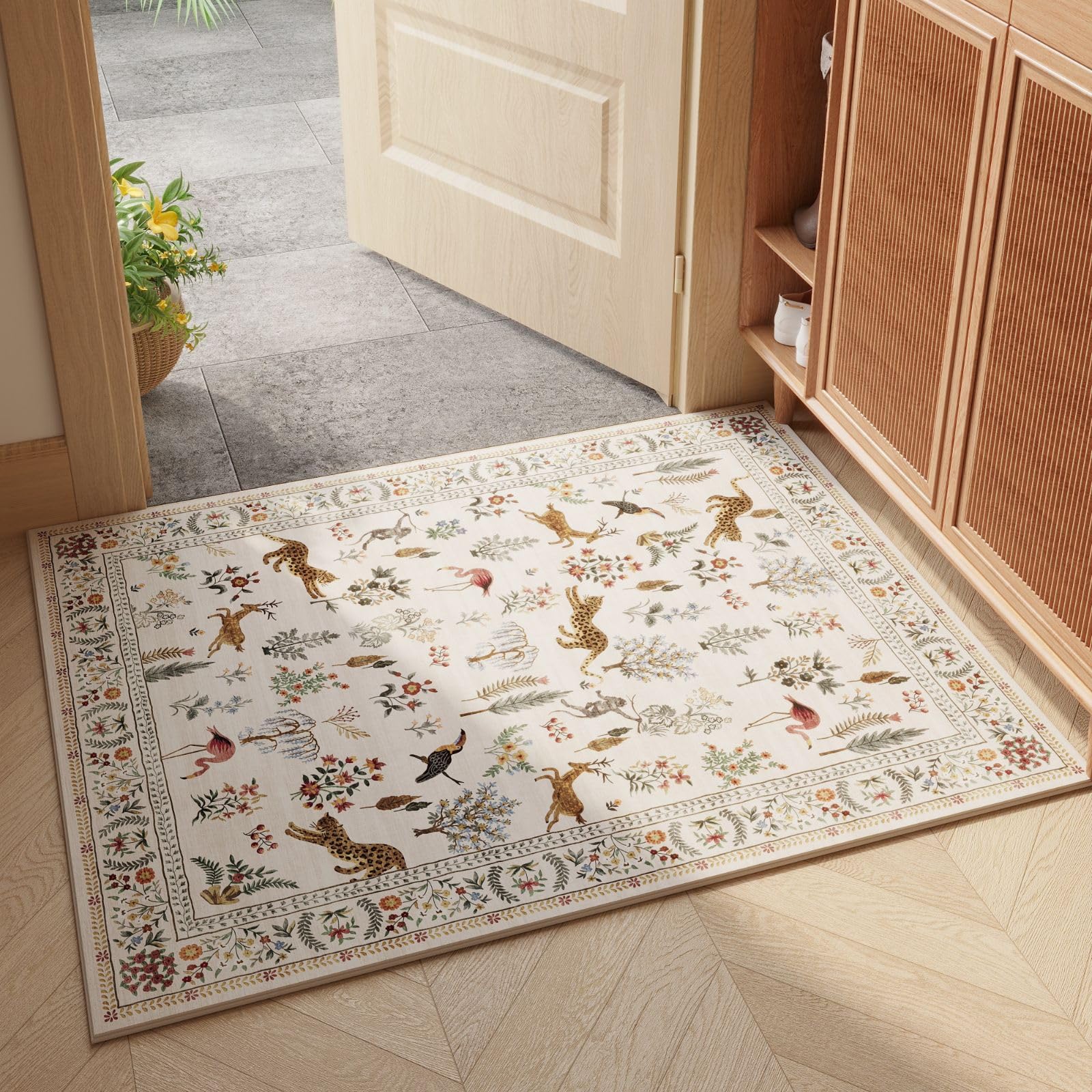 Rugcomf Door Mat Indoor Entrance 2x3 Rug Machine Washable Boho Floral Animal Small Area Rug Non-Slip Low Pile Throw Rugs for Entryway, Kitchen, Front