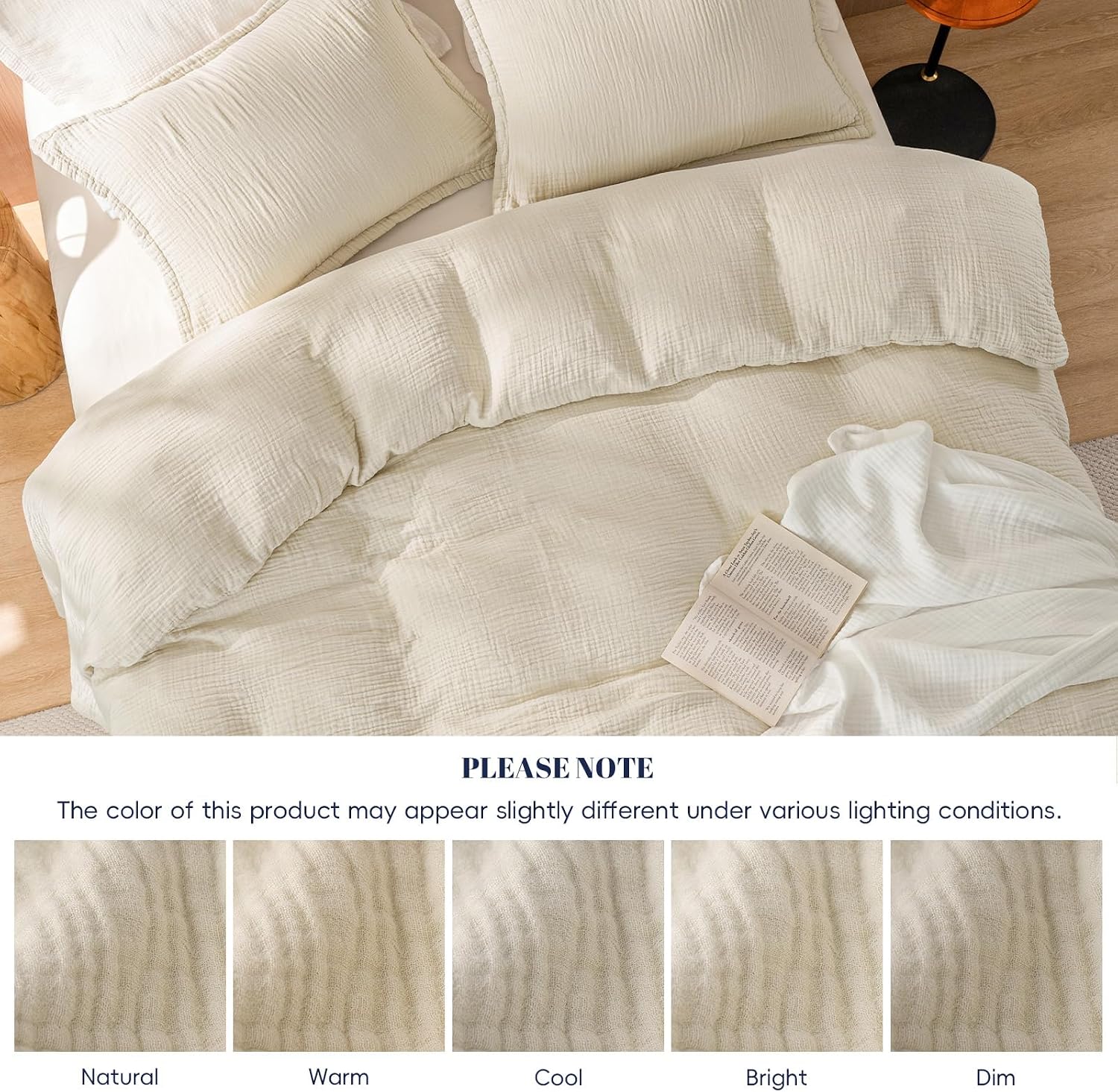 PHF Cotton Muslin Duvet Cover King Size, 3-Layer Soft Lightweight & Breathable Textured Gauze, Skin-Friendly Minimalist All-Season Comforter Cover Set with 2 Pillowcases, 104"x90", Linen