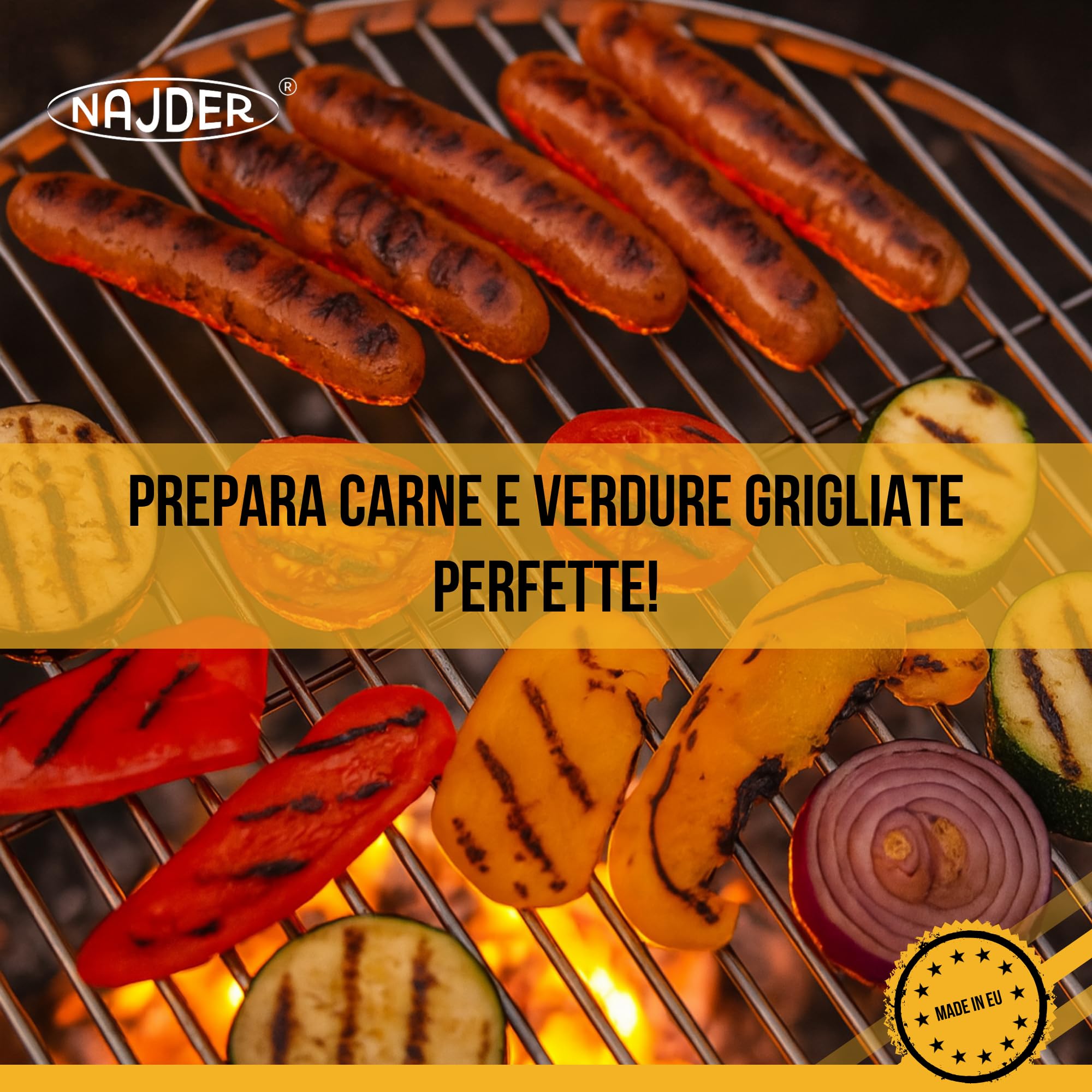 NAJDER Griglia di Cottura Rotonda in Acciaio Inox Ø600 mm per Barbecue Girevole con Sospensione a Cavo, griglia di Cottura Rotonda con 3 Fori per Appendere, griglia per Barbecue - Solo