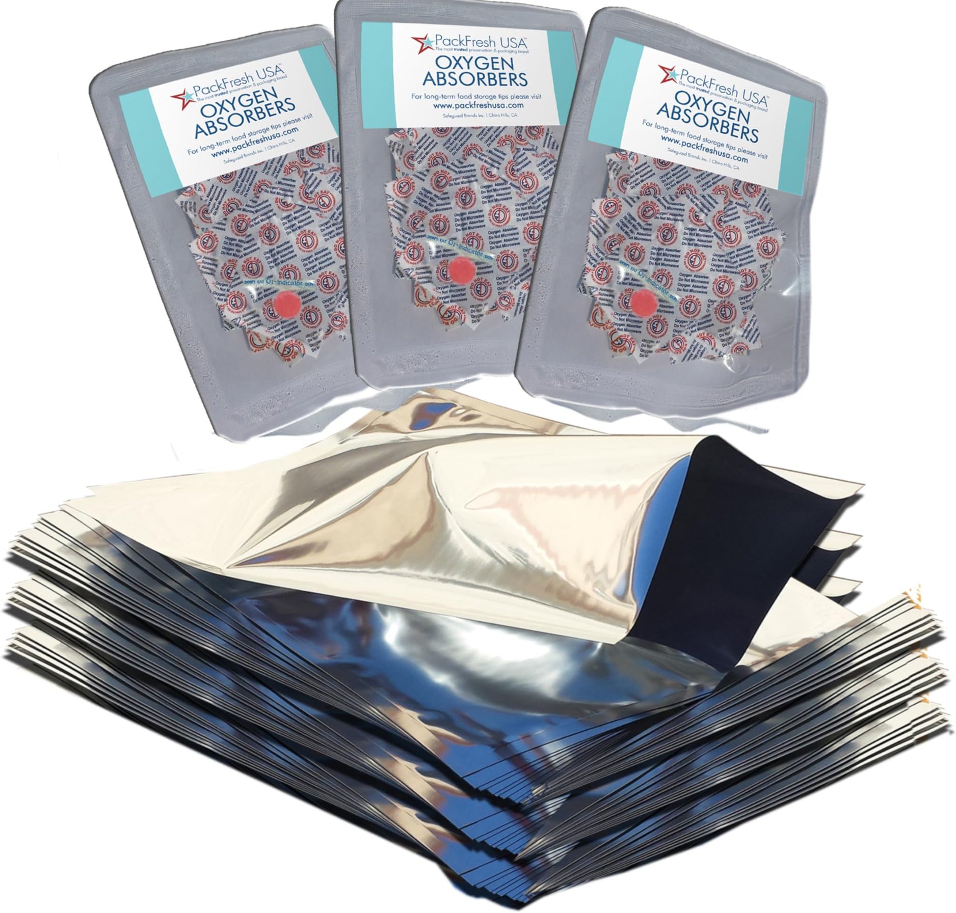 PackFreshUSA: One Gallon Genuine Mylar Bags (10" x 14”) - 500cc High Capacity Oxygen Absorber Packs - Rounded Corners - Odor/Smell Proof - Heat Sealable - Free Long-Term Food Storage Guide - 25 Pack