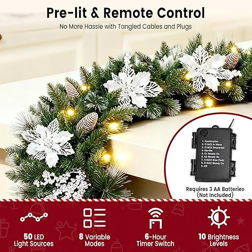 Miniatura 5 de Guirnalda de Navidad preiluminada de 9 pies con exuberantes puntas de ramaflores plateadasconos de pino y luces multicolores, guirnalda de Navidad