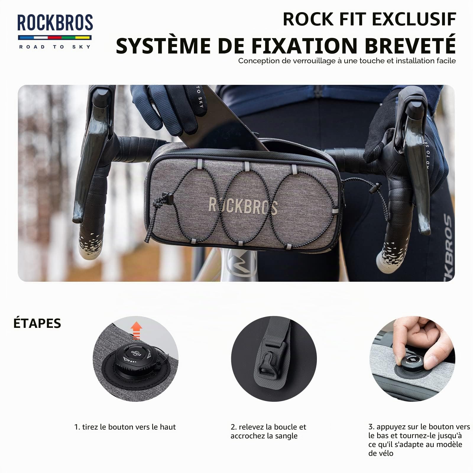 ROCKBROS Sacoche Guidon Vélo Route-to-Sky 1,9L Innovant Avant Gravel Étanche Cintre VTT Réfléchissant Électrique Sous 1,9kg Polyester PU EVA Blanc Orange Vert Gris Noir