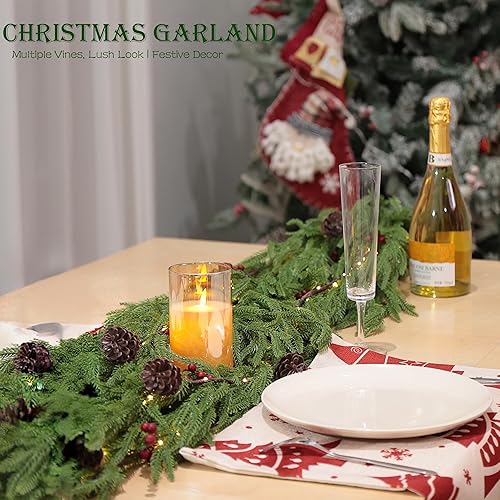Miniatura 7 de 2 guirnaldas de Navidad de 6 pies  Guirnalda realista de pino Norfolk  Guirnalda verde de tacto real para mesa, chimenea, pared, interior y