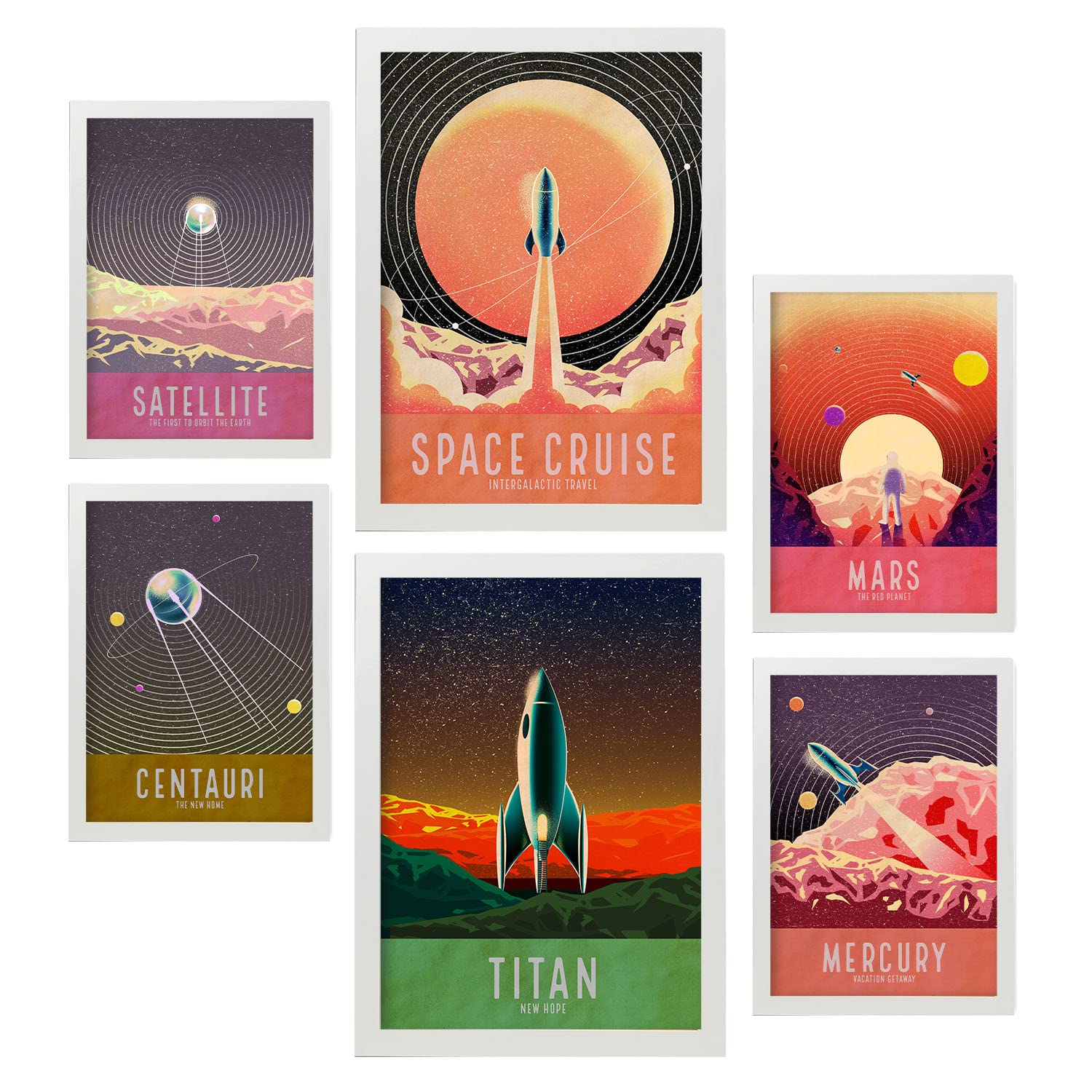 Nacnic Set of 6 Space posters. Collection of posters in collage aesthetic for interior decoration. Sizes A3 and A4. White frame.