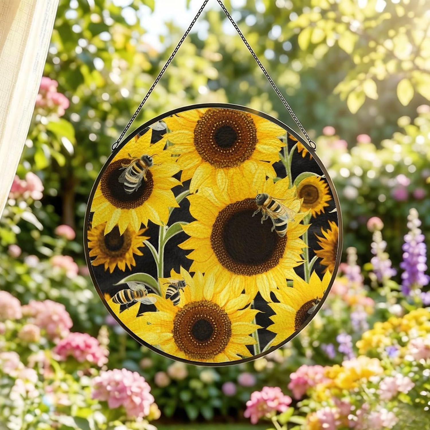 30x30cm Round Stained Glass Suncatcher for Window Hanging Decor with Chain