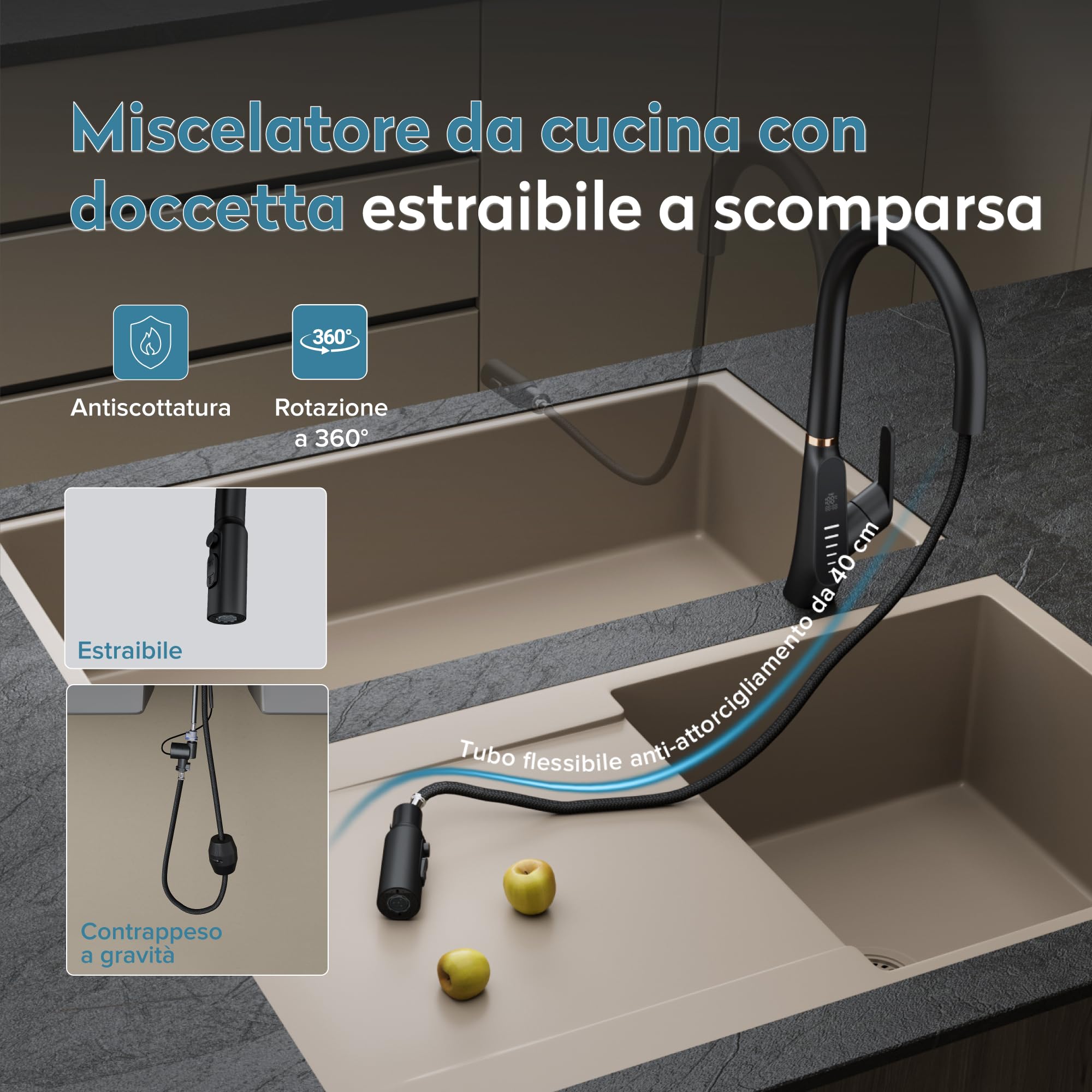 doporro Rubinetto Cucina Digitale Estraibile 3-in-1 con Display LED