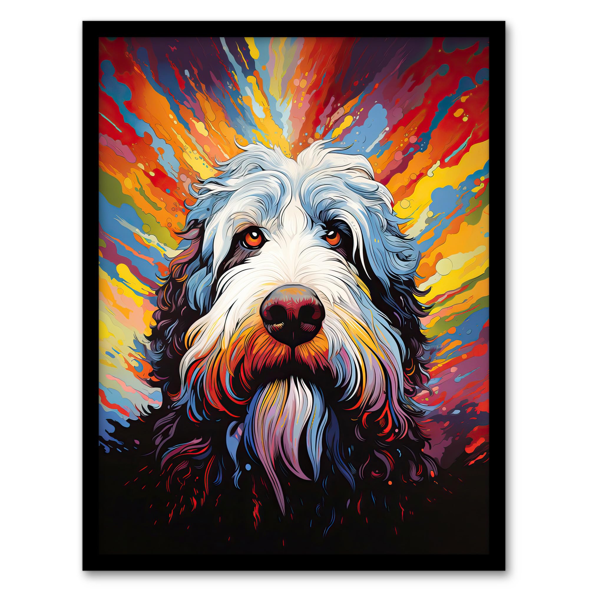Artery8 Old English Sheep Dog Lover Gift Pet Portrait Colourful Artwork Painting Artwork Framed Wall Art Print A4
