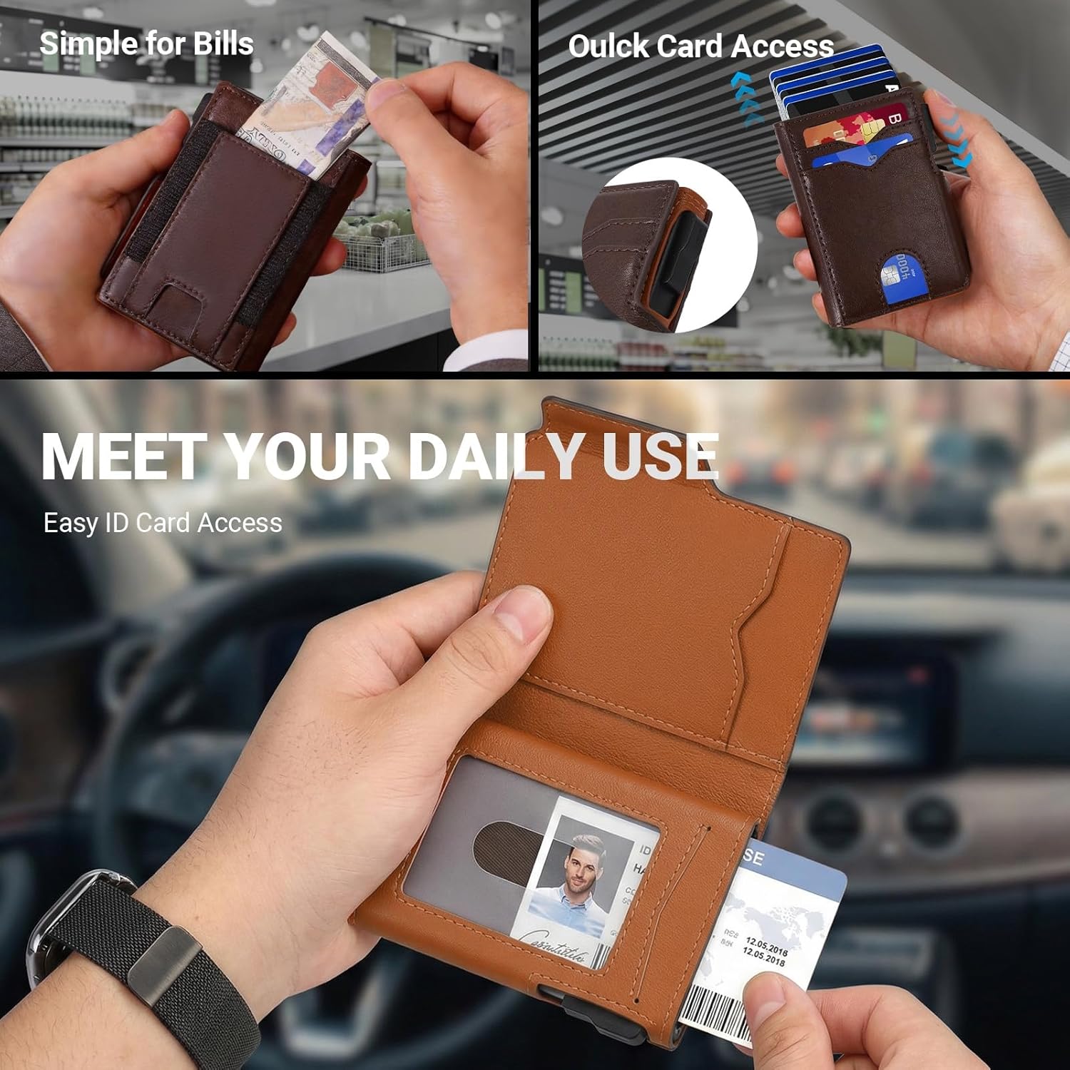 Slim Wallet for Men, Minimalist Smart Pop Up RFID Blocking Mens Front Pocket Wallet with Money Clip, for 11-13 Cards Metal Credit Card Holder with ID Window & Cash Slot