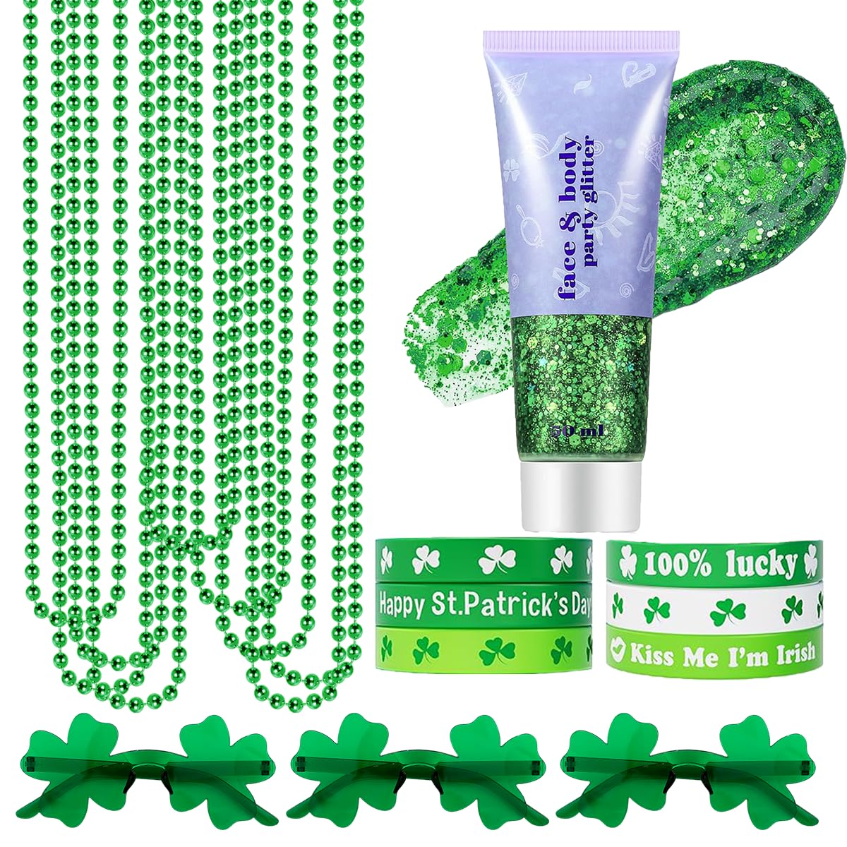 19PCS St. Patrick's Day Accessories Set, Green Face & Body Glitter, Green Glasses, Irish Bracelets, Round Bead Necklaces, Party Favors for Women and Family