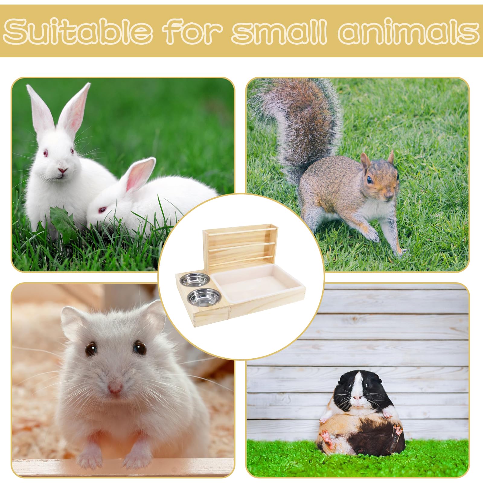 Râteau à foin 3 en 1 pour lapin avec litière et gamelles de nourriture, distributeur de nourriture en bois, mangeoire pour petits animaux avec distributeur de foin pour cochons d'Inde, hamsters et