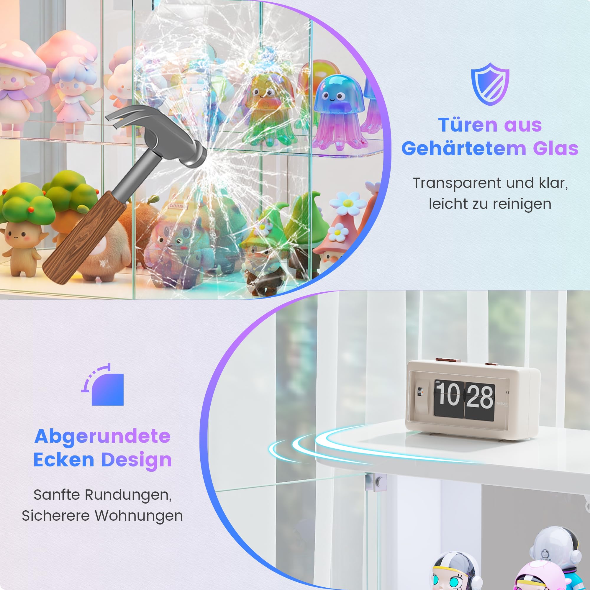 Vlsrka Glasvitrine mit LED Beleuchtung und Glastüren, Glas Vitrinenschrank | Vitrine mit RGB-Licht, Sammlerstücke Präsentieren, Figuren Aufbewahren, Temperglas, Push-to-open, Wohnzimmer Schlafzimmer