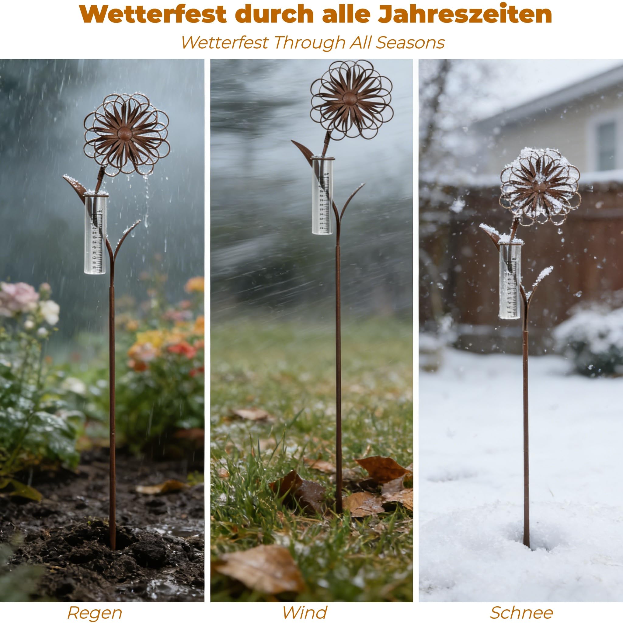Pluviomètre de jardin résistant au gel avec baguette, précipitateur décoratif H 110 cm, pluviomètre en verre sur piquet de jardin, décoration florale résistante aux intempéries, pour balcon