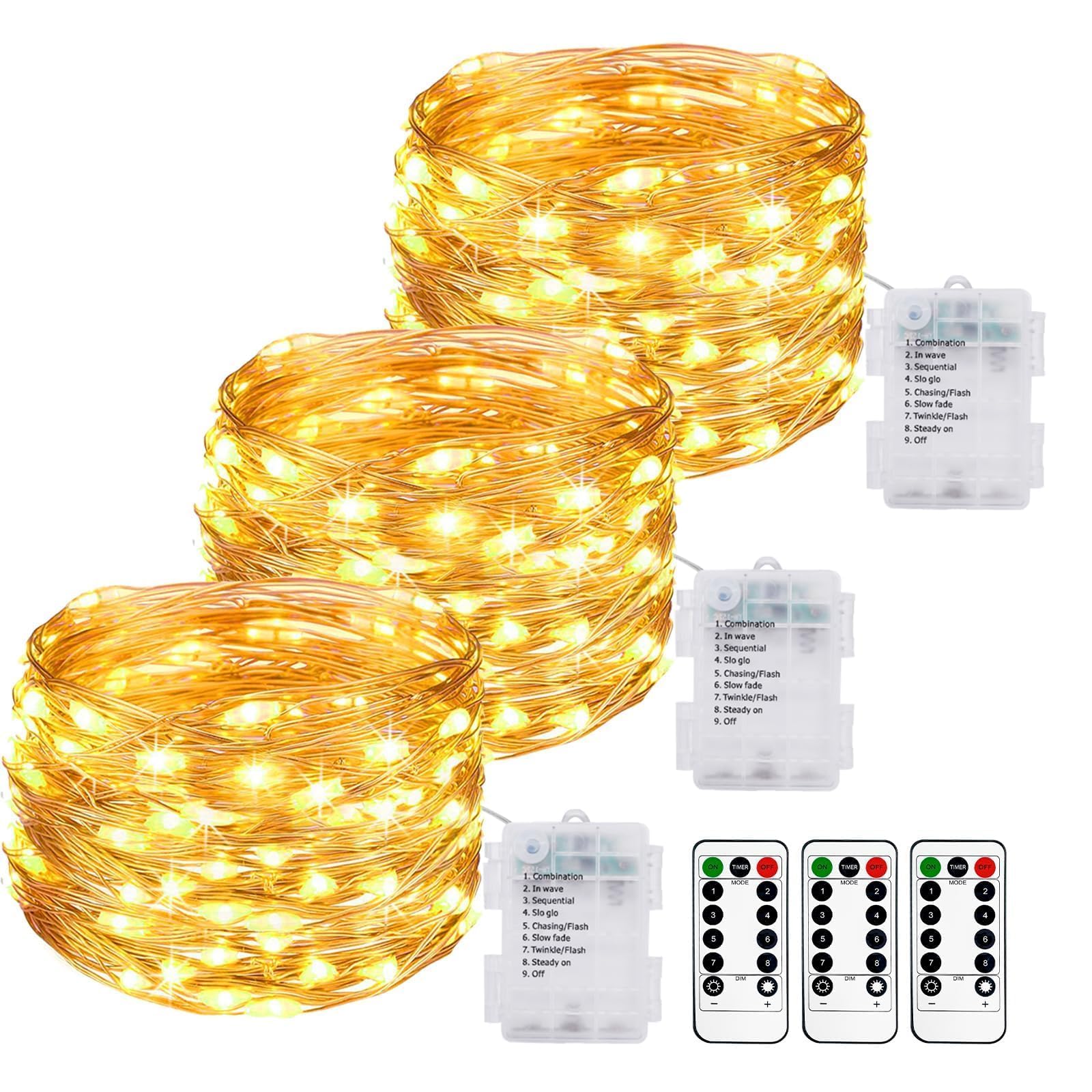 3 Pack Fairy Lights Battery Operated with Remote, 10M/33FT 100LED String Lights Battery Powered Outdoor Indoor IP65 Waterproof, 8 Modes Wire Twinkle Lights for Bedroom Gazebo Christmas Decor — image 1