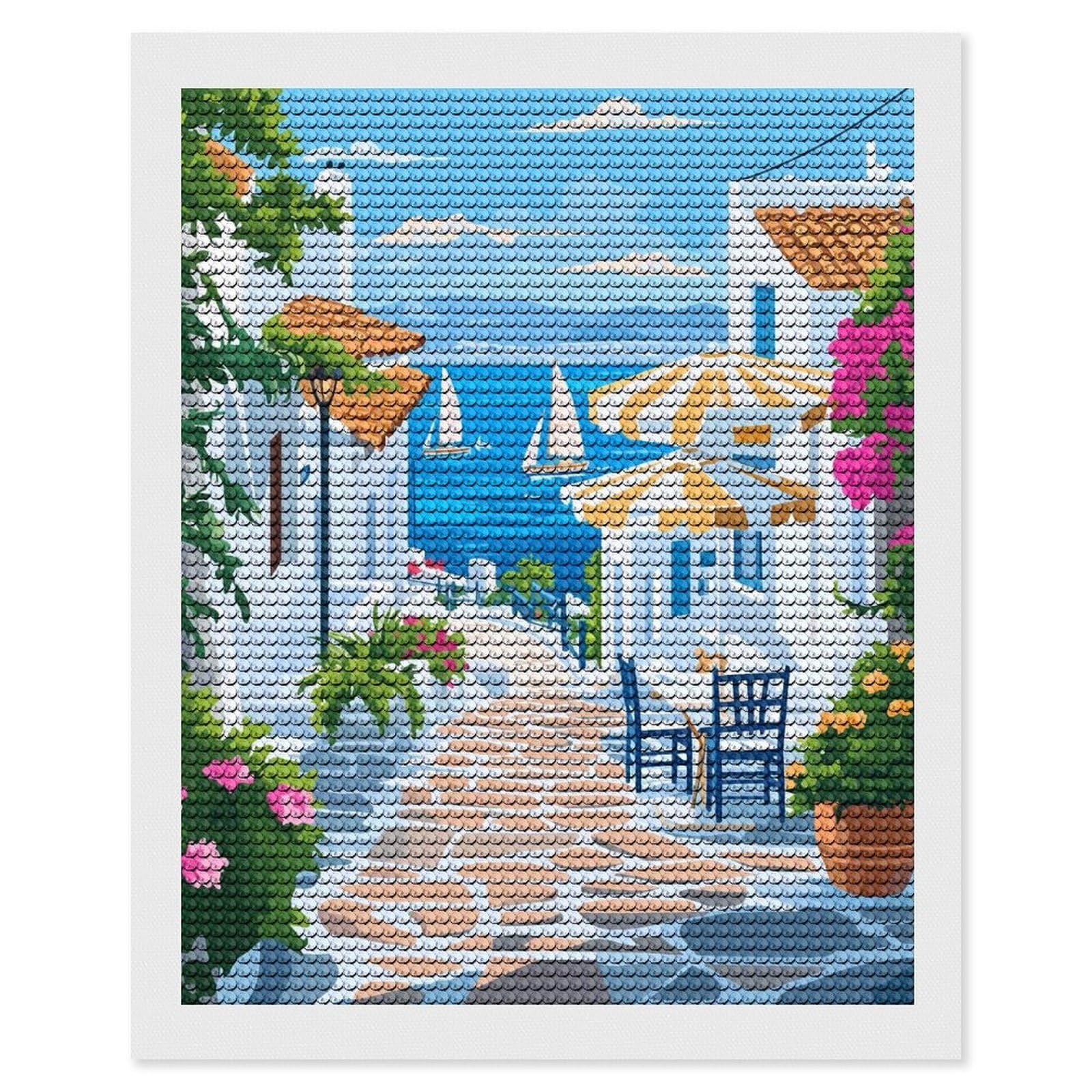 Junmoney Greek Island Street Scene Diamond Painting Canvas Kit 16"x20", Adhesive Canvas, Christmas Gift, Full Kit Included, Thoughtful Present