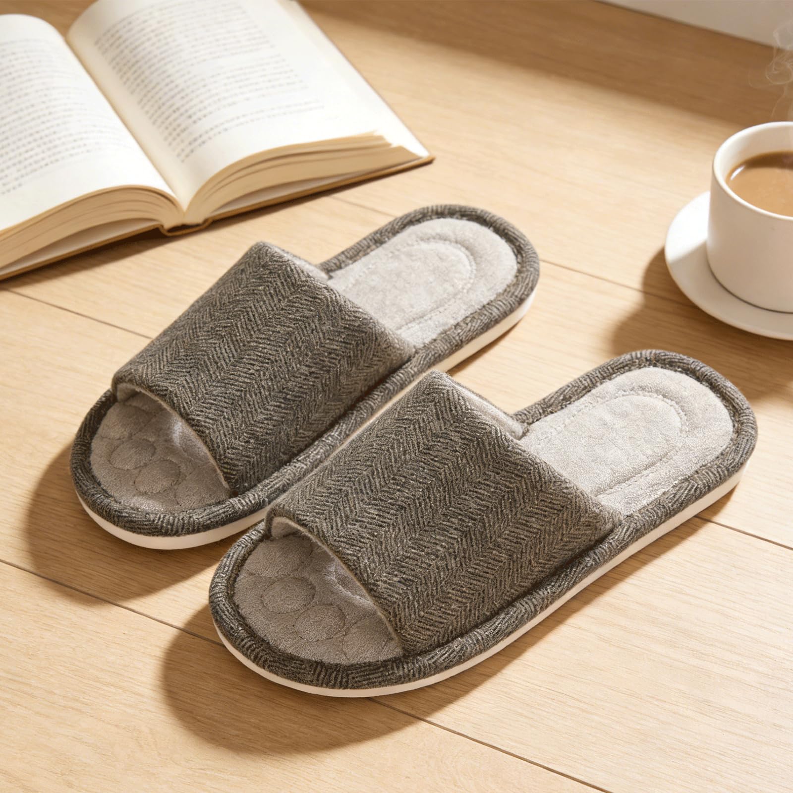 Zapatillas Casa Mujer Hombre Cómoda Espuma de Memoria Transpirable Algodón Pantuflas Punta Abierta Antideslizante Slippers Verano - 3