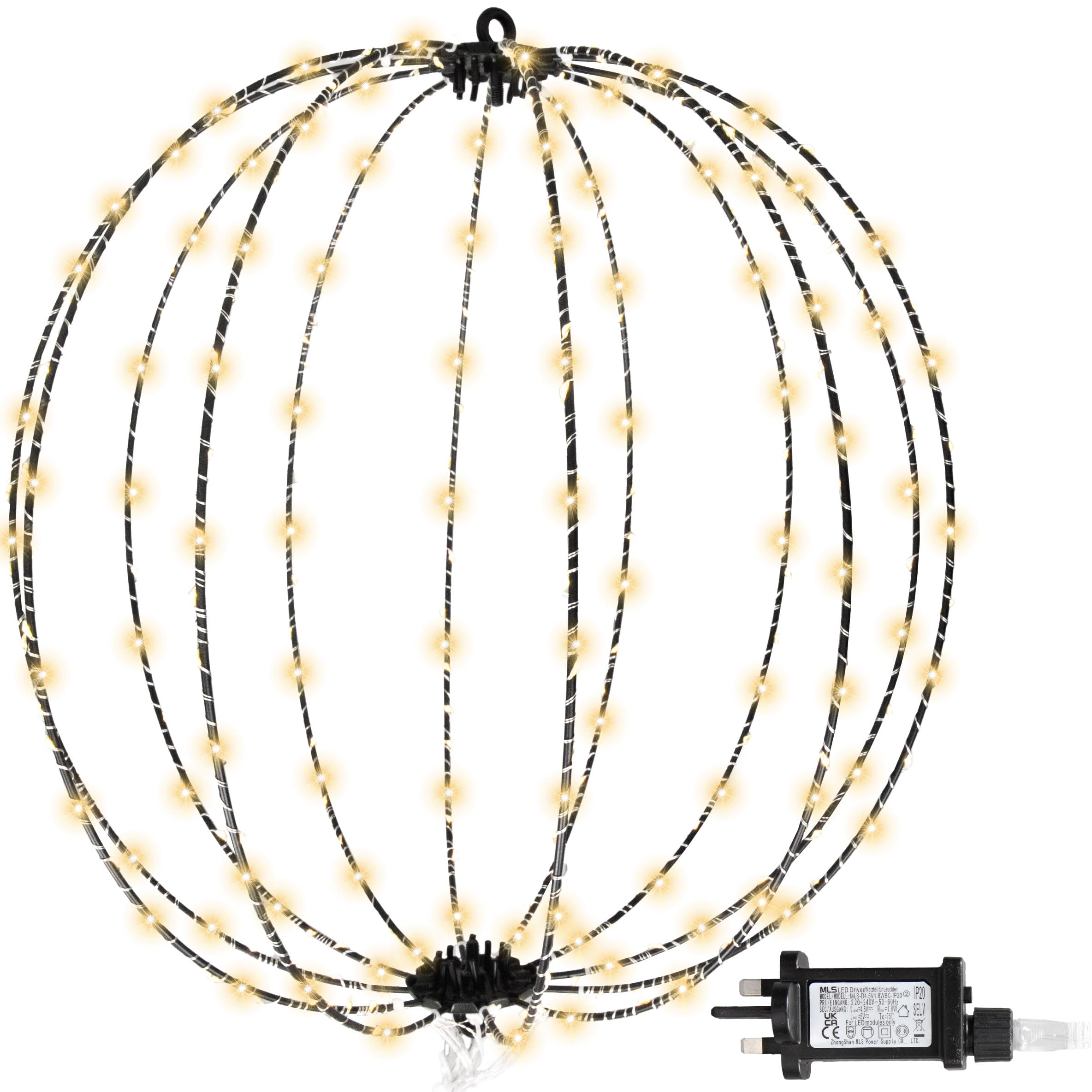 SHATCHI Hanging Christmas Lights Ball Decorations Outdoor 60cm 384 LEDs Warm White Plug in Lights 3D Xmas Sphere Foldable 8 Modes Timer – Indoor/Outdoor for Door Patio Room Decorations