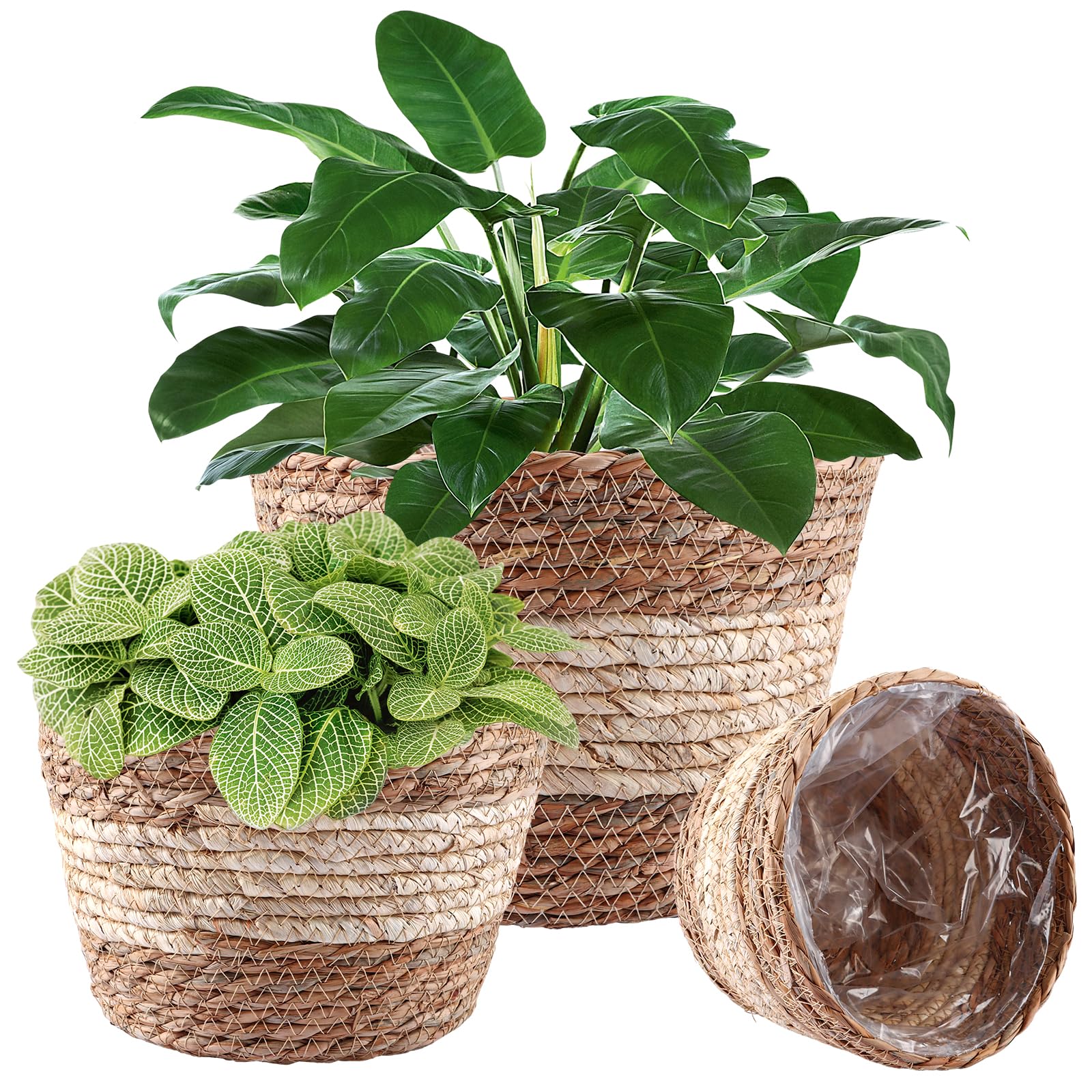 3 Pièces Panier Tressé Plante, Cache Pot Osier avec Doublure PE, Paniers Ronds 19/23/25 Cm Style Naturel pour Fleurs, Salon, Balcon Et Terrasse