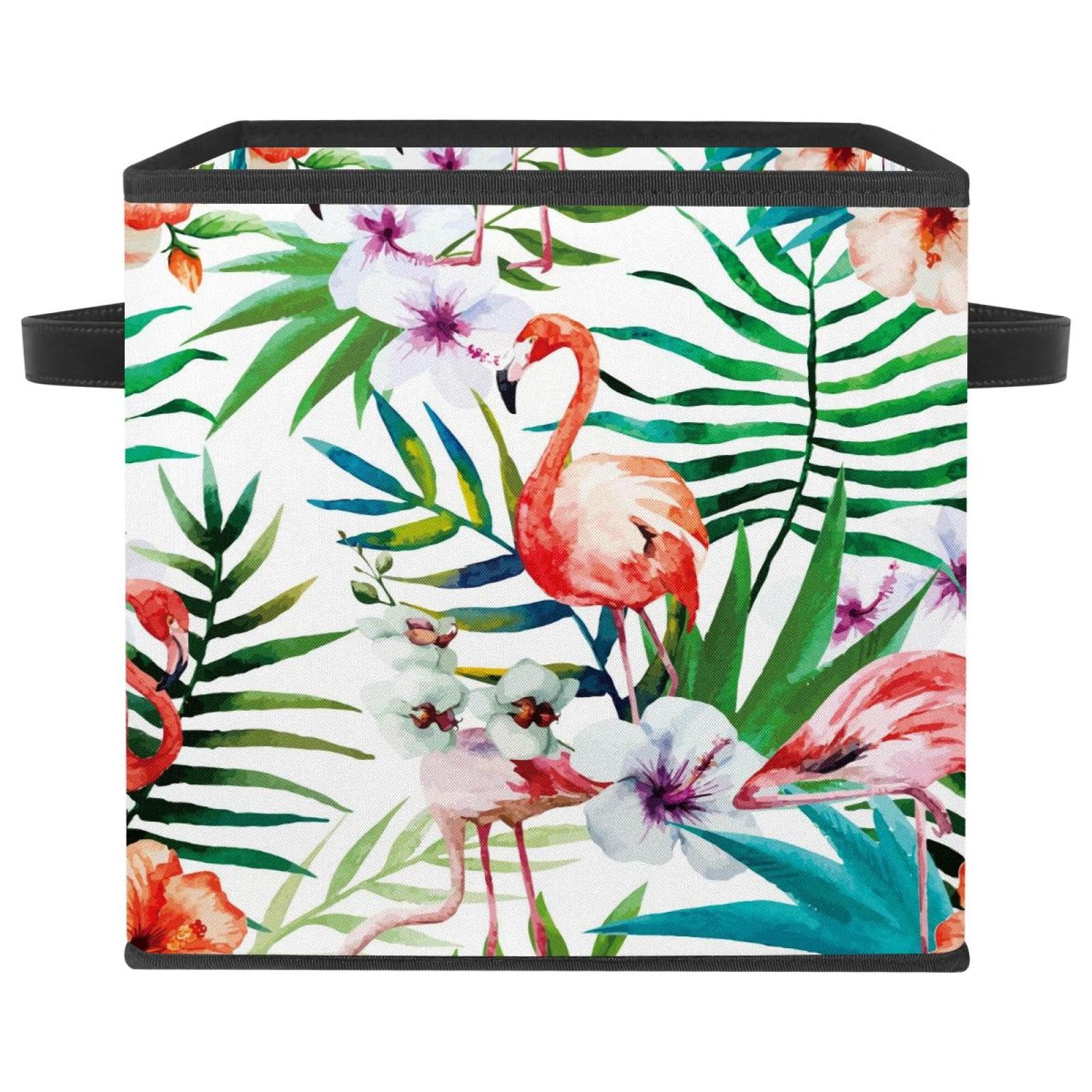 Boîte de rangement pliable avec poignées cube en tissu motif flamant rose peint à la main
