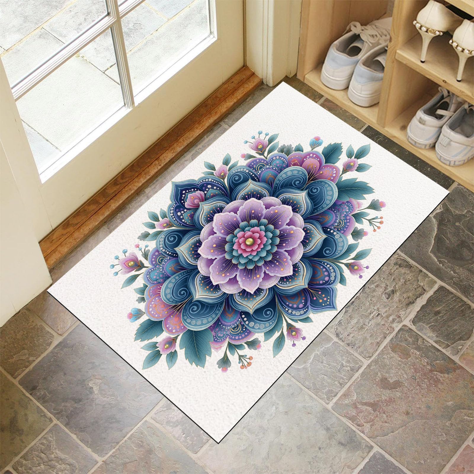 Felpudo interior antideslizante lavable a máquina con diseño de flores bohemias