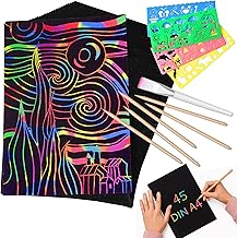 Tritart Kit de tableaux à gratter - 45 feuilles - Papier à gratter arc-en-ciel pour le dessin et le bricolage - avec règles de pochoirs crayons en bois autocollants et pinceau - A4