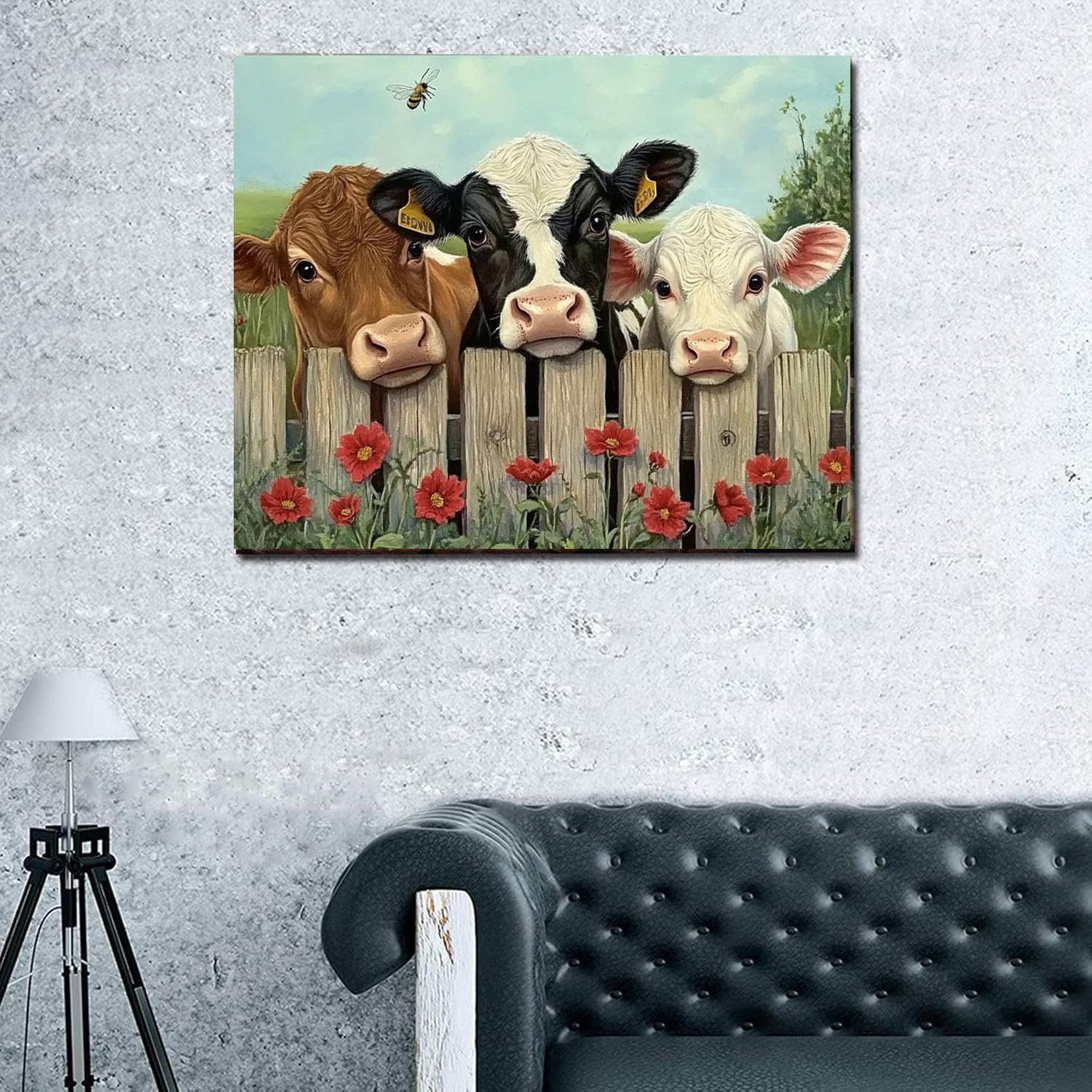MSTINGSHUN Three Cows Leaning Against The Fence Oil Painting by Numbers Fresh Flowers Paint by Number Kits 16 x 20 inch Canvas Unique Home Decor DIY Paint Kits for Adults Beginners(with Frame)