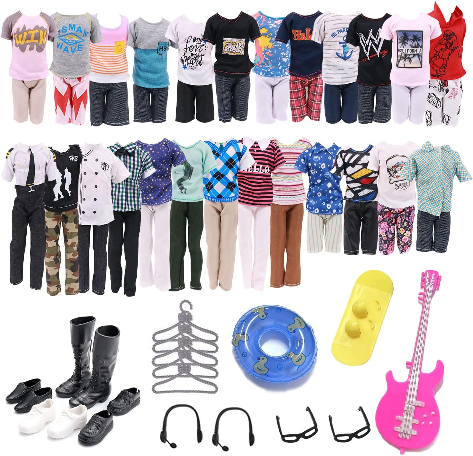 30 Pcs Clothes and Accessories, 5 Casual Random Clothes Set for Boy Doll Shoes Glasses Earphones Summer Swimming Ring Guitar Skateboard Hangers for 11.5 Inch Boy Dolls
