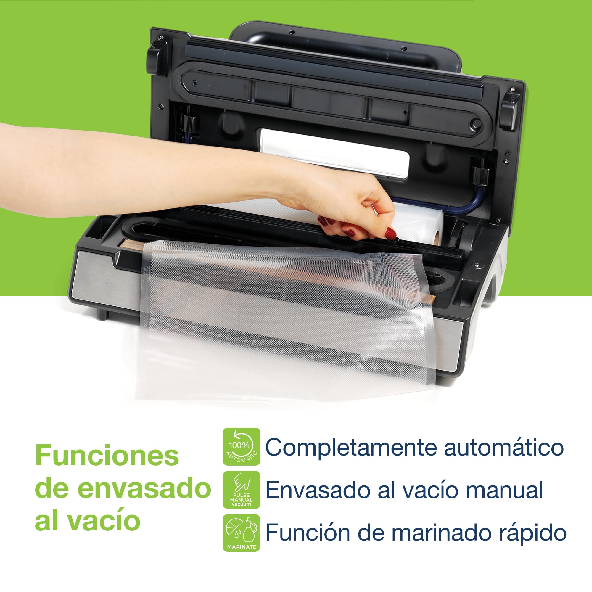 Máquina de envasado al vacío para uso intensivo Laica VT3120 con doble bomba, sellado doble para mayor seguridad, capacidad de aspiración 20 l/min, 130 W, incluye tubo para contenedores.