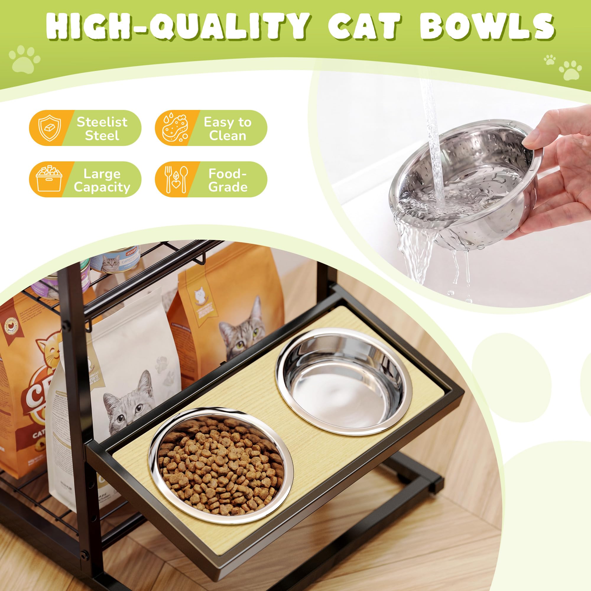 Stazione di alimentazione rialzata per ciotola per gatti, organizer e stoccaggio per alimenti per gatti a 3 livelli, stazione di alimentazione per animali domestici con tavolo per gatti