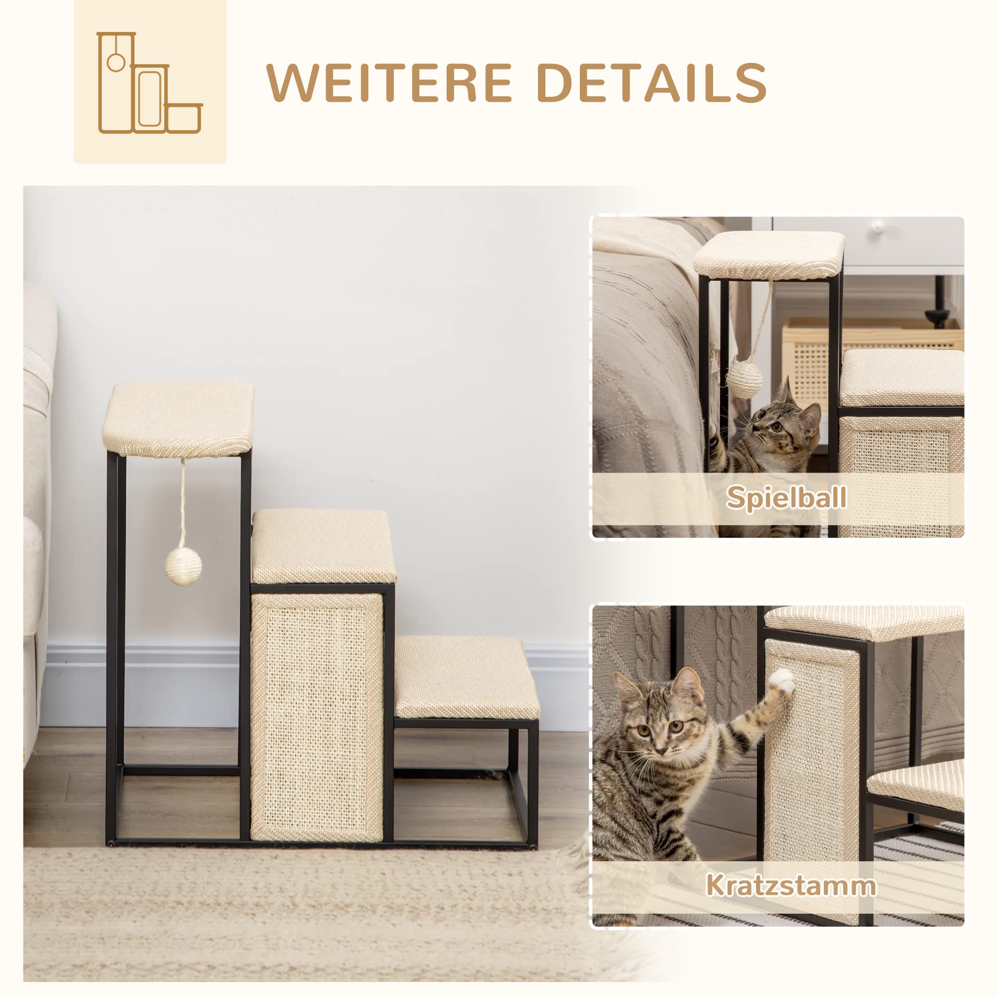 PawHut Hundetreppe 3 Stufen 53 cm Hoch Haustiertreppe für Katzen bis zu 6 kg Katzentreppe Hunderampe Einstiegshilfe für Bett, Sofa, Couch und Auto Cremeweiß+Schwarz