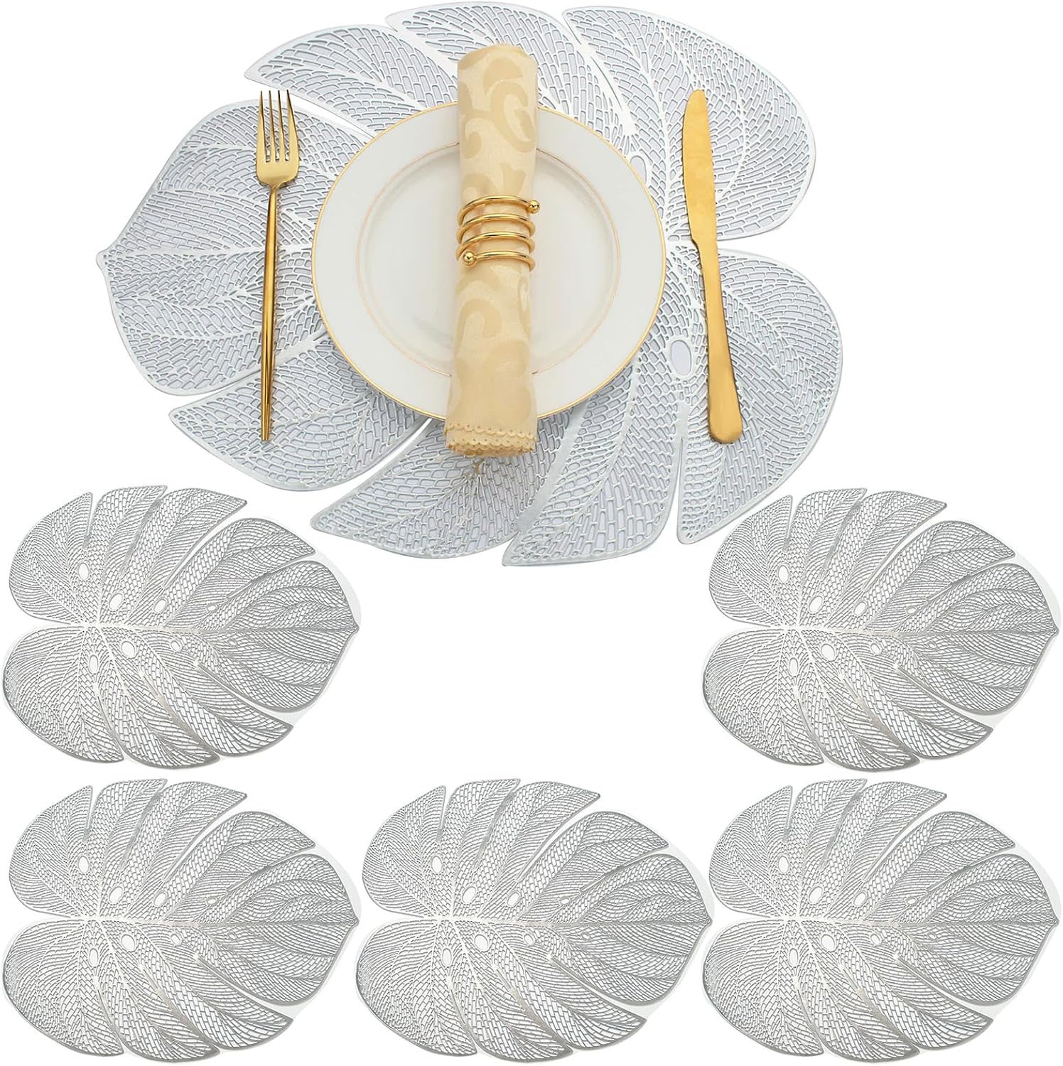 Vinyl Placemats Leaf Placemats Set Metallic Place Mat Set of 8 Pcs, Heat Resistant Dining Table Mats for Wedding Party Kitchen Decorations - Mixed Color
